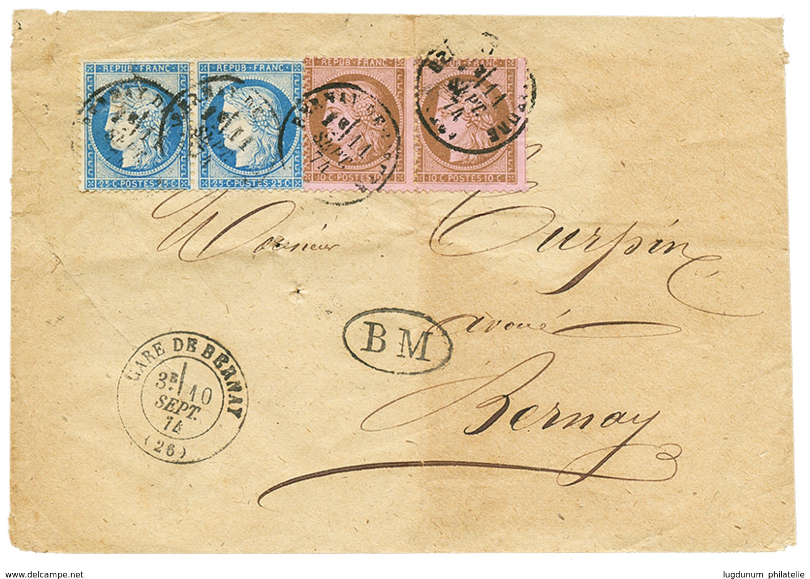 1874 CERES 25c(x2) + 10c(x2) Pd Obl. T.16 BERNAY + T.17 GARE DE BERNAY + B.M Sur Enveloppe(pd) Pour BERNAY. Triple Port  - Autres & Non Classés