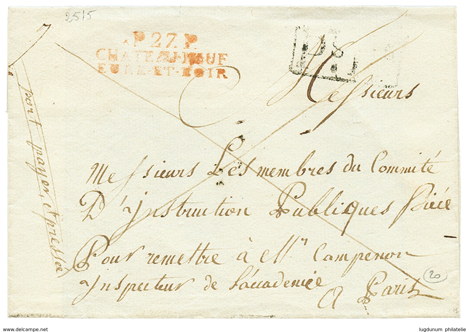1819 P.27.P CHATEAUNEUF/EURE ET LOIR Rouge Sur Lettre (ss Texte). Verso, Cachet 14 FEVRIER 1819. TB. - Autres & Non Classés