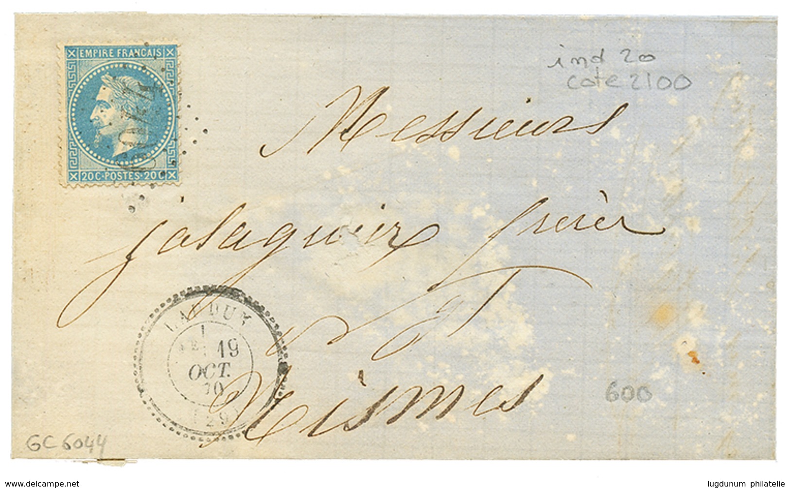 1870 20c(n°29) Obl. GC 6044 + T.24 LAUDUN Sur Lettre (tâches Blanches). RARE. Cote 500€. B/TB. - Autres & Non Classés