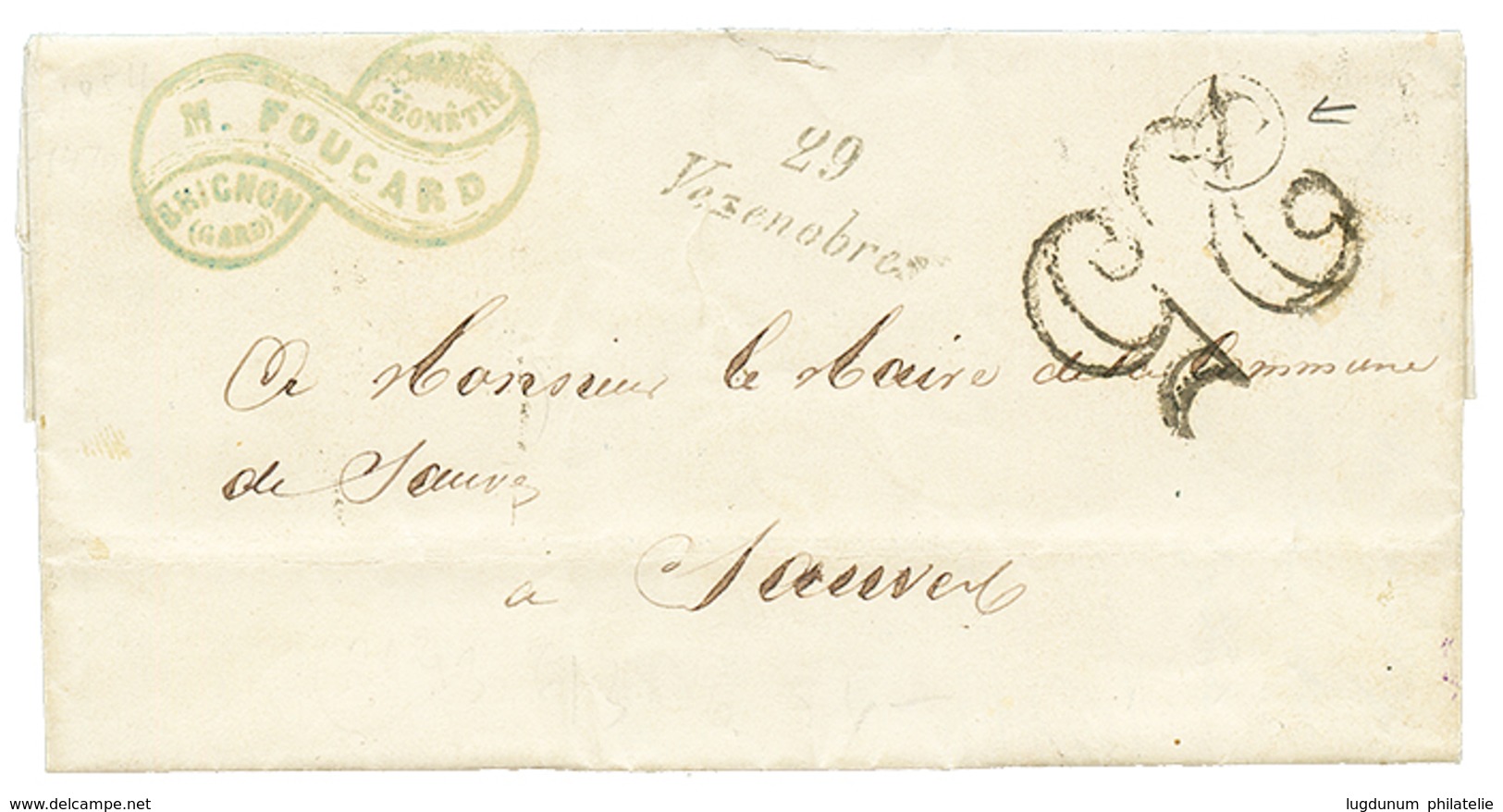 1854 Cursive 29 VEZENOBRES + Taxe 25 D.T + C="BRIGNON" Sur Lettre Avec Texte. Superbe. - Autres & Non Classés