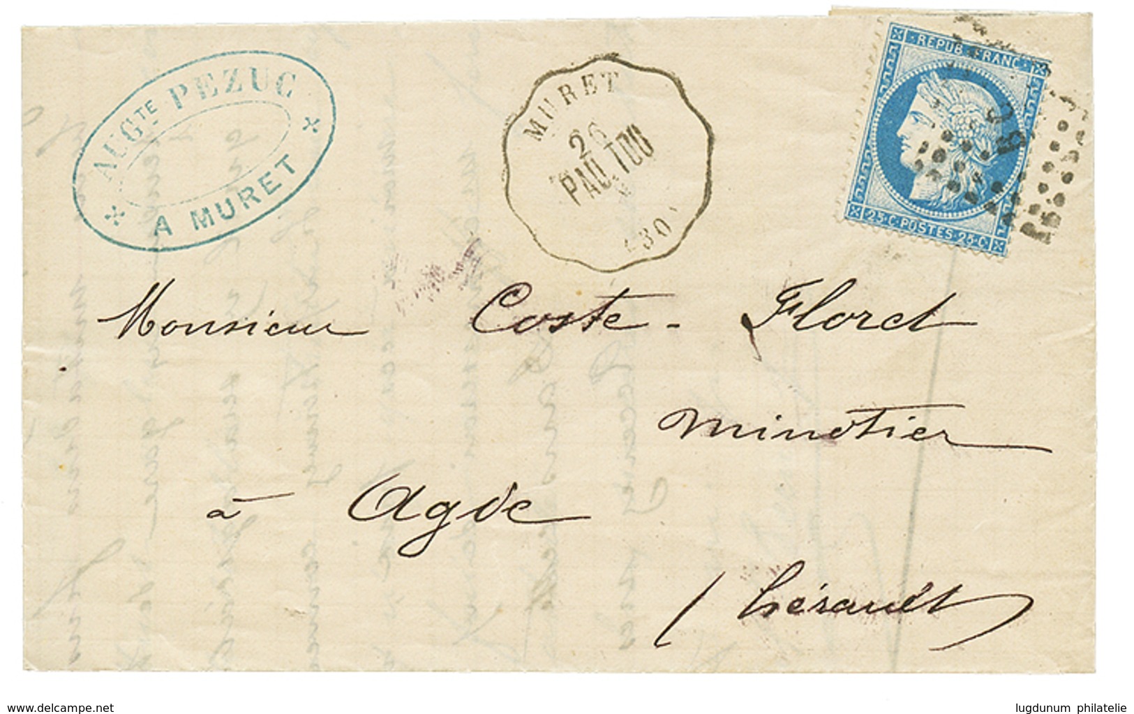 1873 25c CERES (n)60) Obl. BC + Convoyeur MURET/PAU.TOU Sur Lettre De MURET Pour AGDE. TTB. - Otros & Sin Clasificación