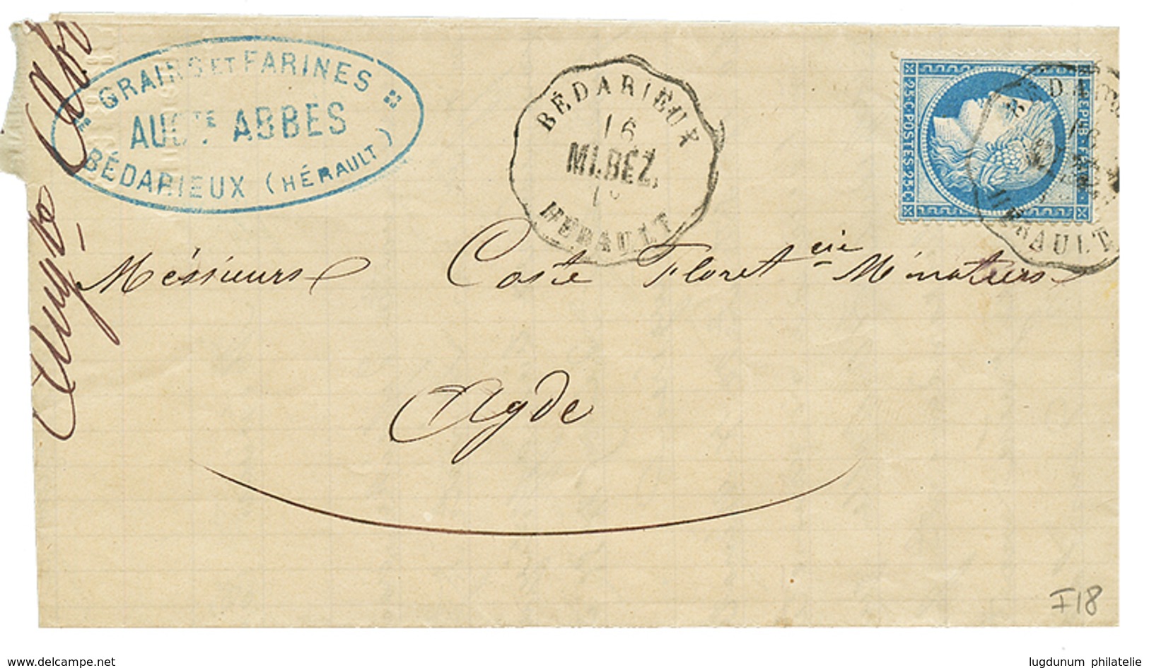 1876 25c CERES (n°60) Obl. Convoyeur BEDARIEUX/MI.BEZ/HERAULT Pour AGDE. Cote 340€. TTB. - Otros & Sin Clasificación