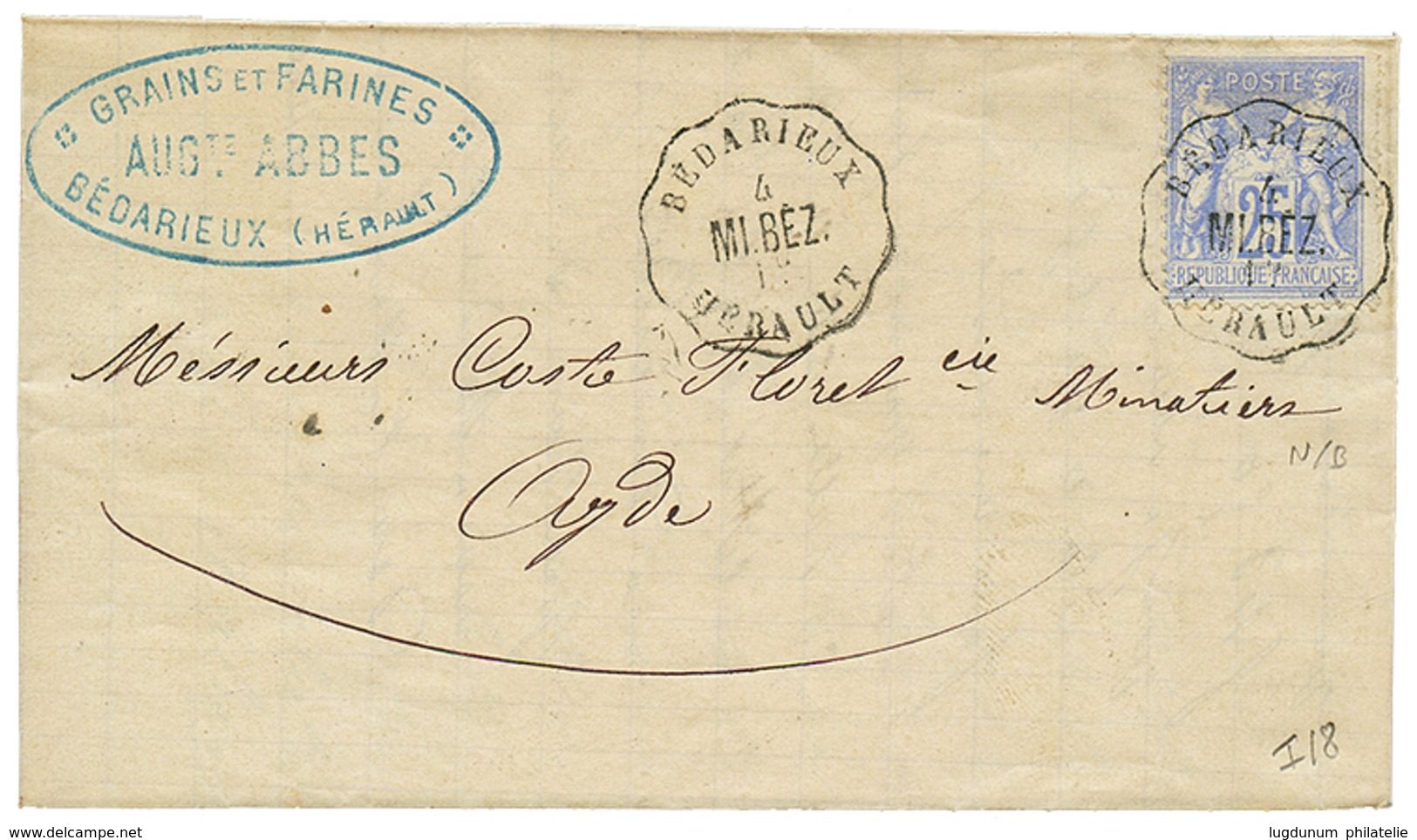 1876 25c SAGE (n°68) Obl. Convoyeur BEDARIEUX/MI.BEZ Sur Lettre Avec Texte. Cote 340€. Superbe. - Autres & Non Classés