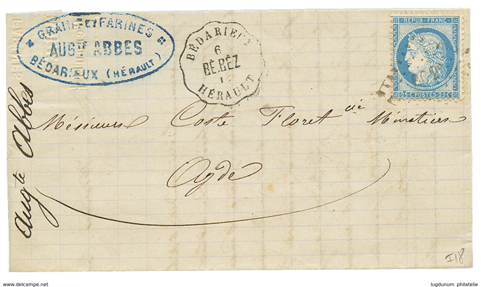 1876 25c(n°60) + Convoyeur BEDARIEUX/BE.BEZ Sur Lettre Avec Texte. Cote 340€. TB. - Otros & Sin Clasificación