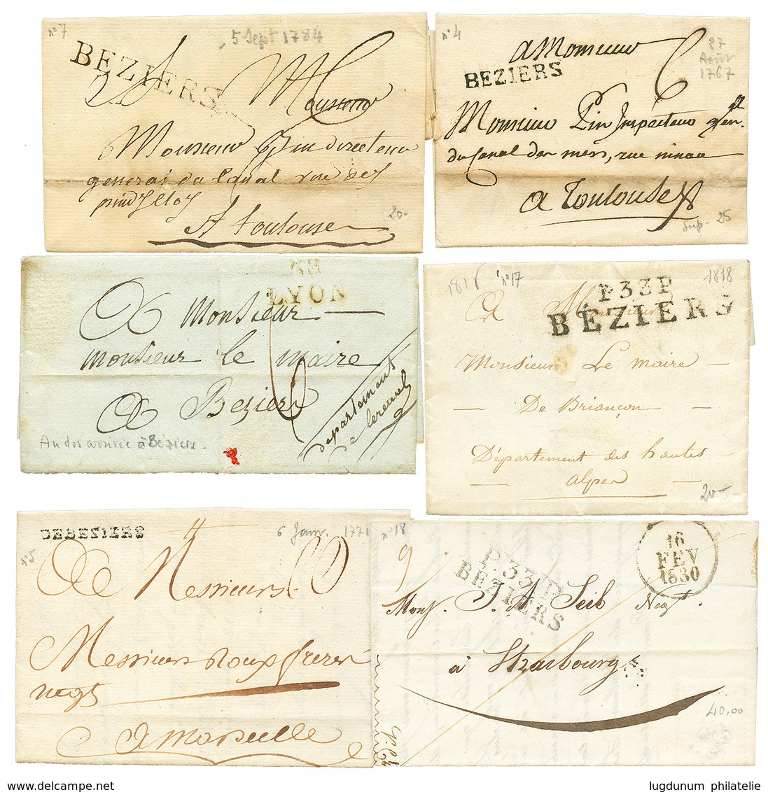 BEZIERS : Lot 10 Lettres (Lenain 2, 4, 5(x2), 6(x2), 7, 2 PORT PAYE, Cachet D' Arrivée Linéaire. TTB. - Sonstige & Ohne Zuordnung