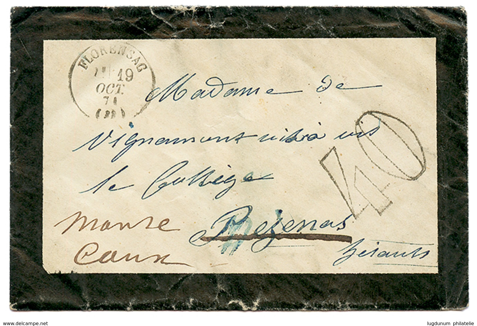1871 T.16 FLORENCAC + Taxe 40 D.T Sur Enveloppe Pour PEZENAS. Rare. TTB. - Otros & Sin Clasificación