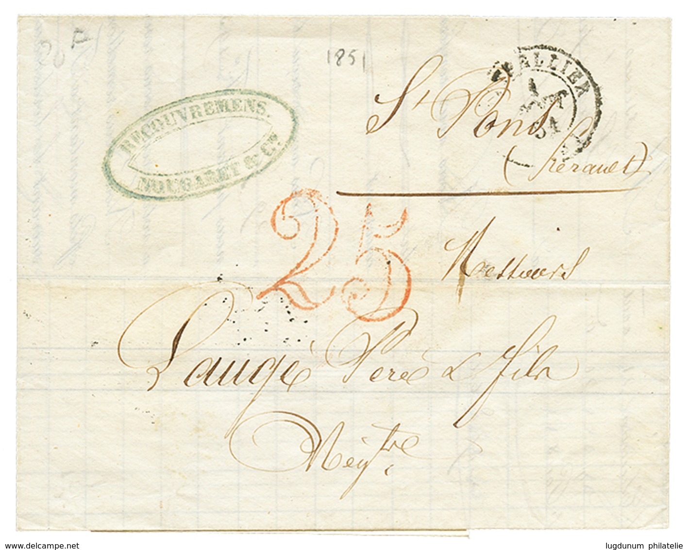 1851 Taxe 25 D.T En Rouge + T.15 MONTPELLIER Sur Lettre Avec Texte Pour ST PONS. TTB. - Autres & Non Classés