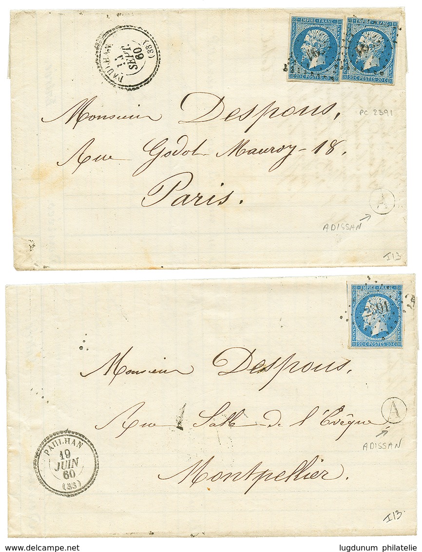 2 Lettres Avec N°14 Ou N°14(x2) Obl. PC 2391 + T.22 PAULHAN + Boite Rurale A = "ADISSAN". TTB. - Autres & Non Classés