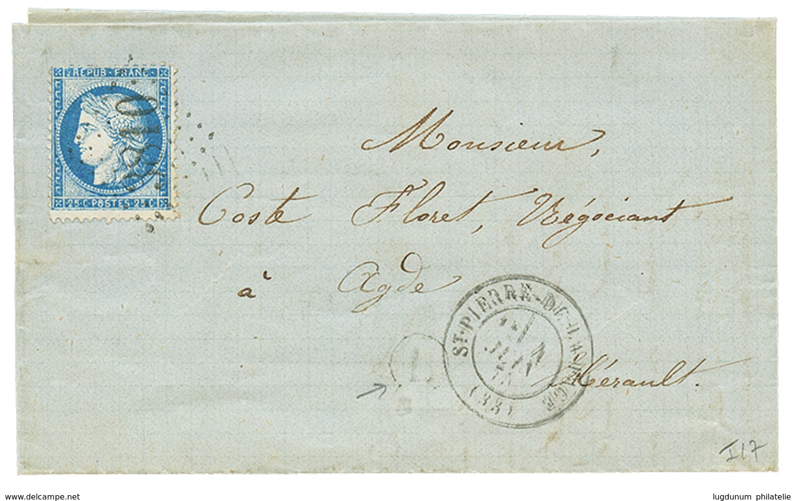 1875 25c(n°60) Obl. GC 3810 + T.17 ST PIERRE DE LA FAGE + L= "ST PRIVAT" Sur Lettre Avec Texte. Cote 240€. TB. - Autres & Non Classés