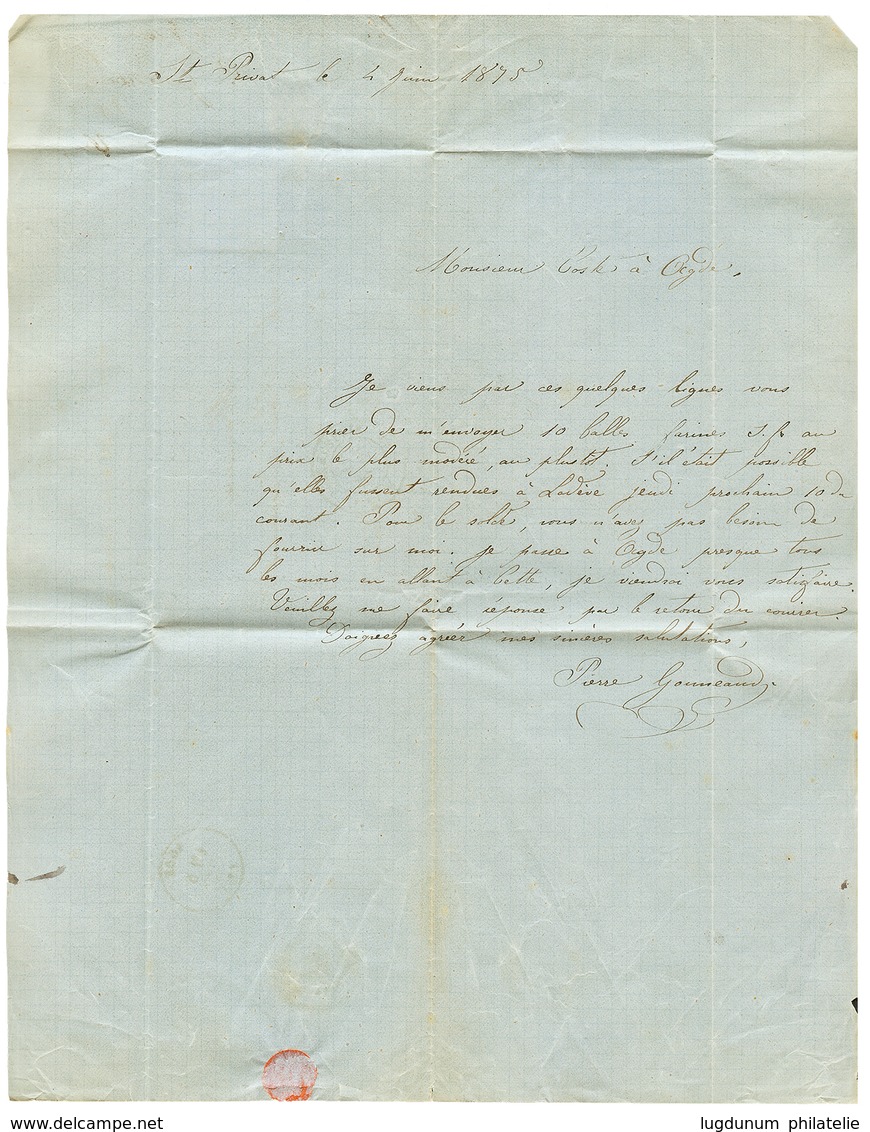 1875 25c(n°60) Obl. GC 3810 + T.17 ST PIERRE DE LA FAGE + L= "ST PRIVAT" Sur Lettre Avec Texte. Cote 240€. TB. - Autres & Non Classés