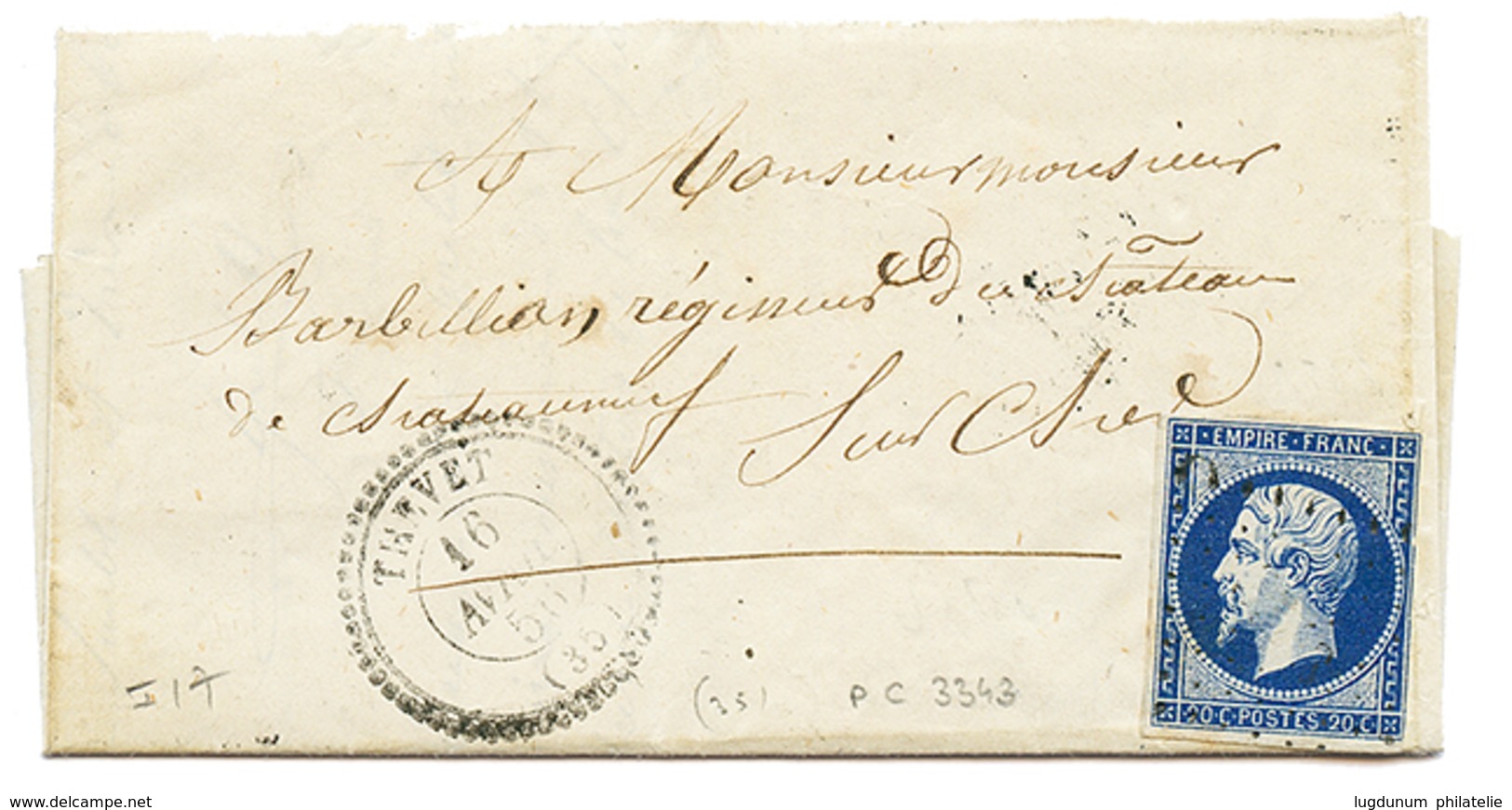 INDRE : 1856 20c Bleu Noir(n°14) Obl. PC 3343 + T.22 THEVET Sur Lettre Avec Texte Daté "BOUCHENOIRE". Cote 240€. TB. - Autres & Non Classés