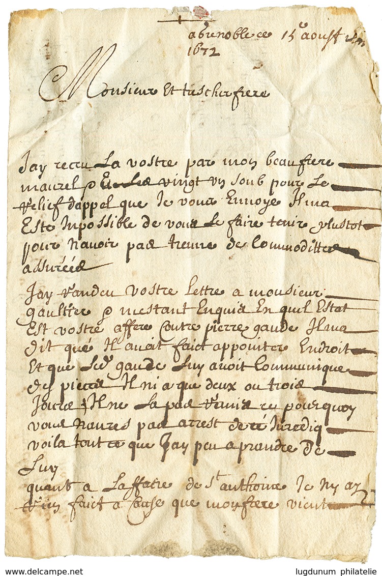 1672 Superbe Lettre De GRENOBLE Pour VEYNE Avec Cachets De Cires. TTB. - Andere & Zonder Classificatie