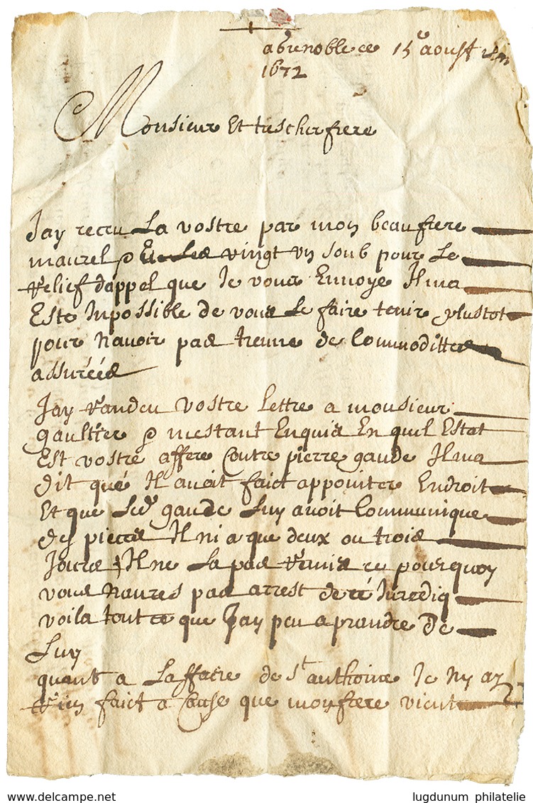 1672 Superbe Lettre De GRENOBLE Pour VEYNE Avec Cachets De Cires. TTB. - Otros & Sin Clasificación