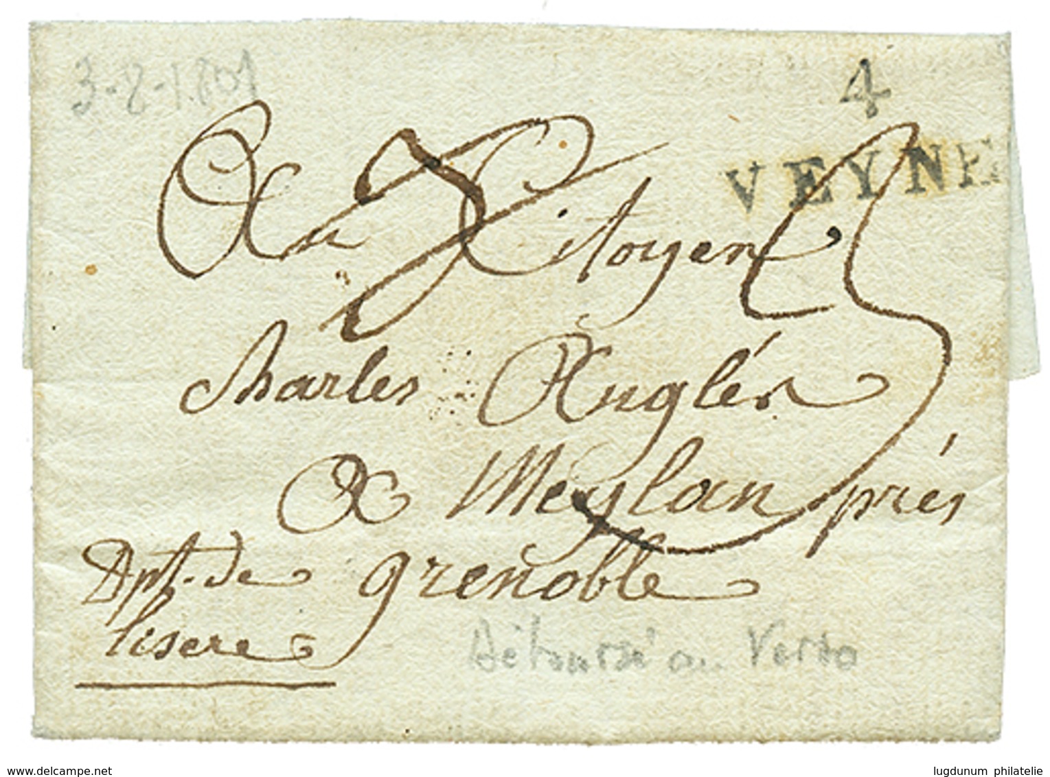 1801 DEBOVRCES DE GRENOBLE (Lenain N°13) + 4 VEYNE Sur Lettre Avec Texte Daté "VERRAS". - Otros & Sin Clasificación