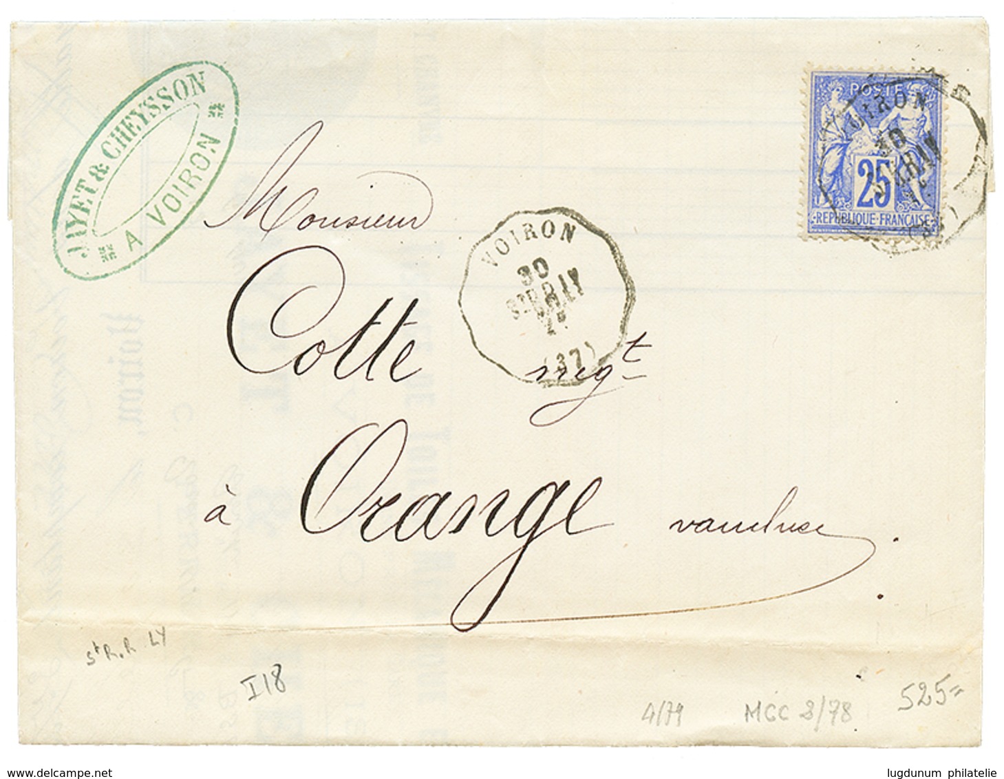 1876 25c SAGE Obl. Convoyeur VOIRON/St R.R. LY Sur Lettre Pour ORANGE. Cote 340€. TTB. - Autres & Non Classés