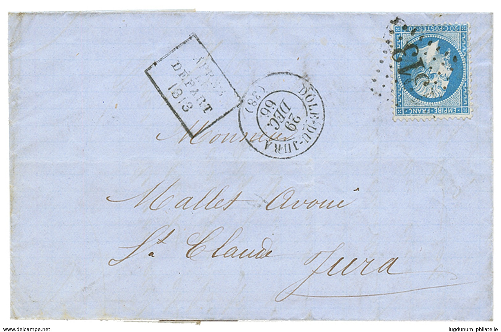 1866 20c(n°22) Obl. GC 1313 + Cachet Rare APRES LE DEPART/ 1313 + T.15 DOLE DU JURA Sur Lettre. TTB. - Autres & Non Classés