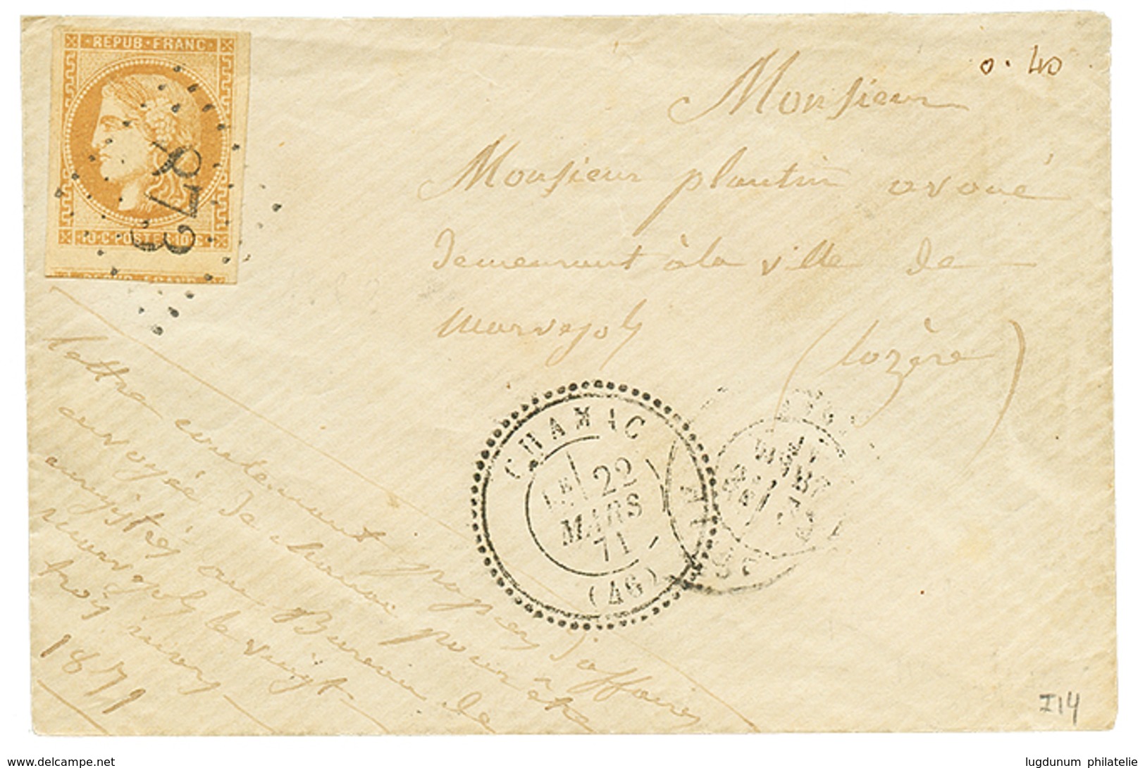 1871 10c BORDEAUX (n°43) TTB Margé Obl. GC 873 + T.24 CHAMAC Sur Enveloppe Pour MARVEJOLS. RARE. TTB. - Autres & Non Classés