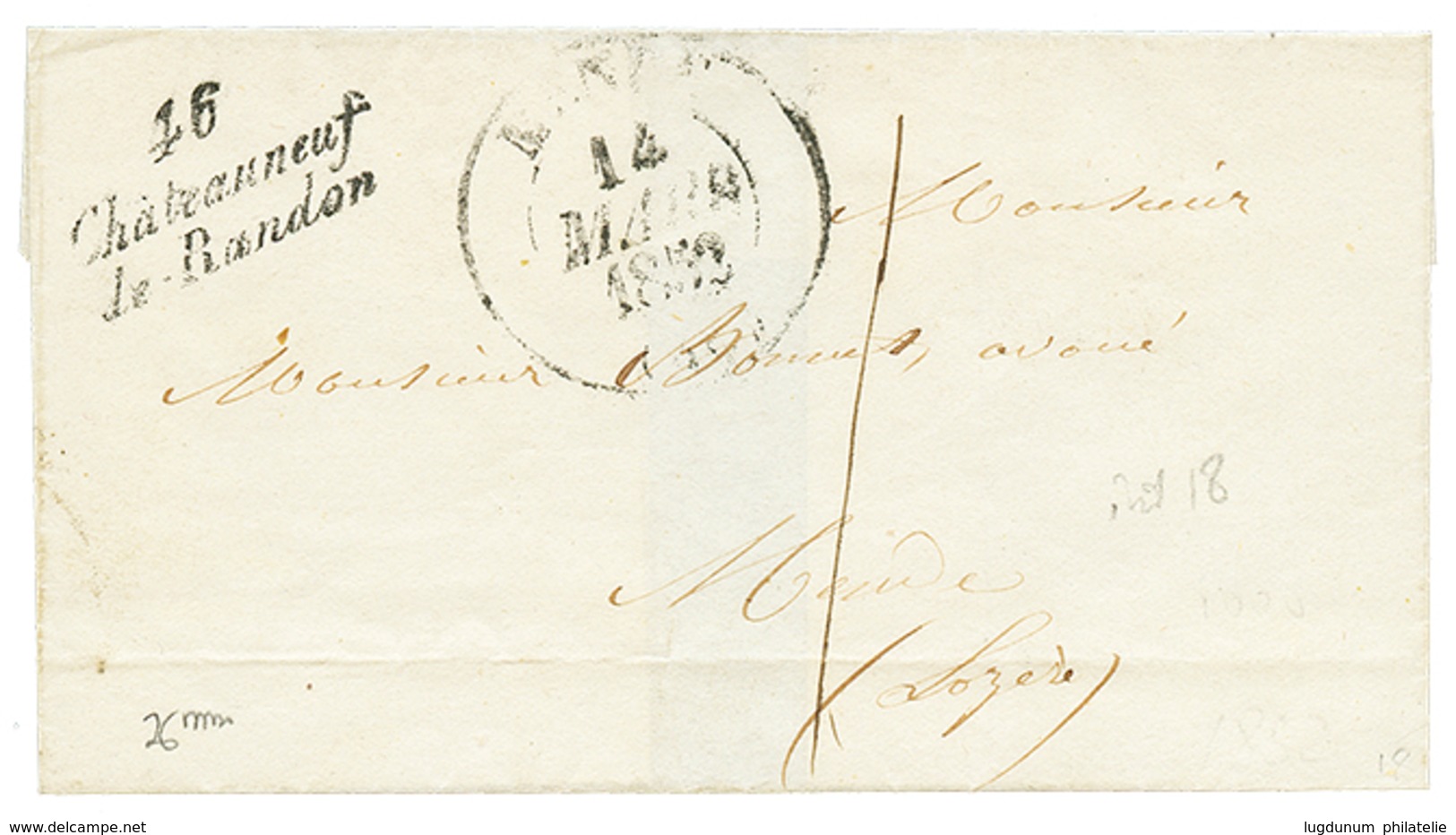 LOZERE : 1852 Cursive 46 CHATEAUNEUF DE RANDON + Taxe 1 Sur Lettre Pour MENDE. TTB. - Autres & Non Classés