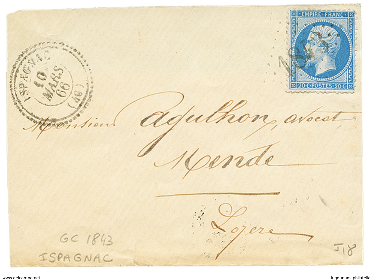 1866 20c(n°22) Obl. 1843 + T.22 ISPAGNAC Sur Env. Pour MENDE. Cote 340€. TTB. - Andere & Zonder Classificatie