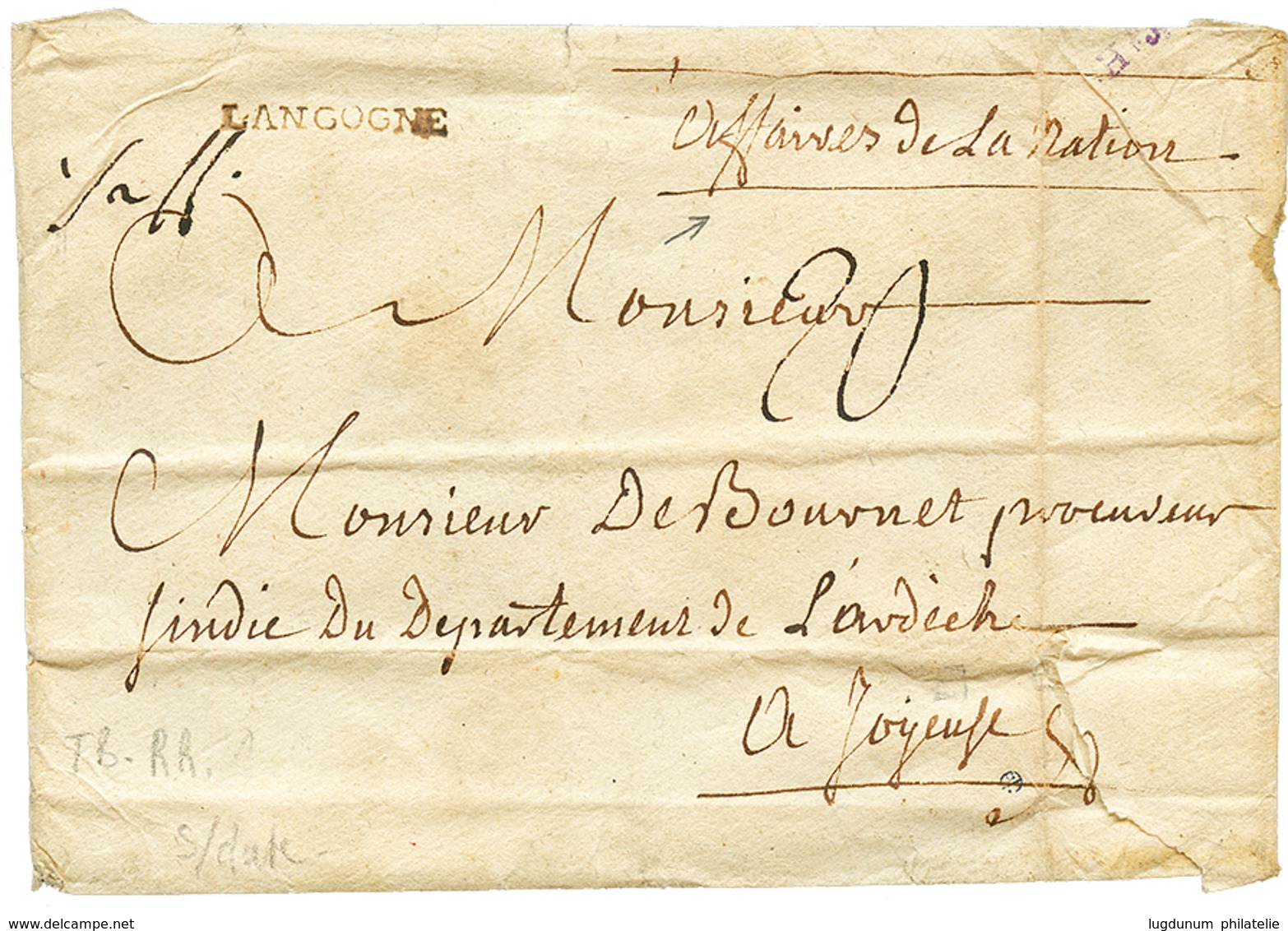 LANGOGNE (Lenain N°1) + "AFFAIRES DE LA NATION" Manus. Sur Env(pd) Pour JOYEUSE. Ss Date. RARE. Cote 950€. TTB. - Otros & Sin Clasificación