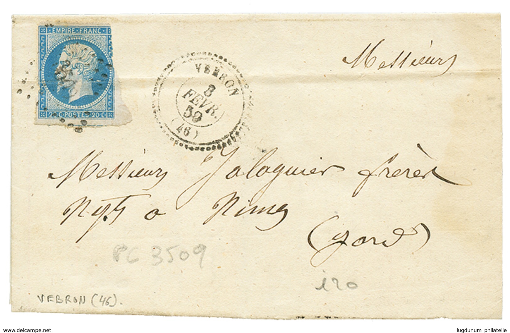 1859 20c(n°14) Def. Obl. PC 3509 + T.22 VEBRON Sur Lettre Pour NIMES. Indice 20. B/TB. - Andere & Zonder Classificatie