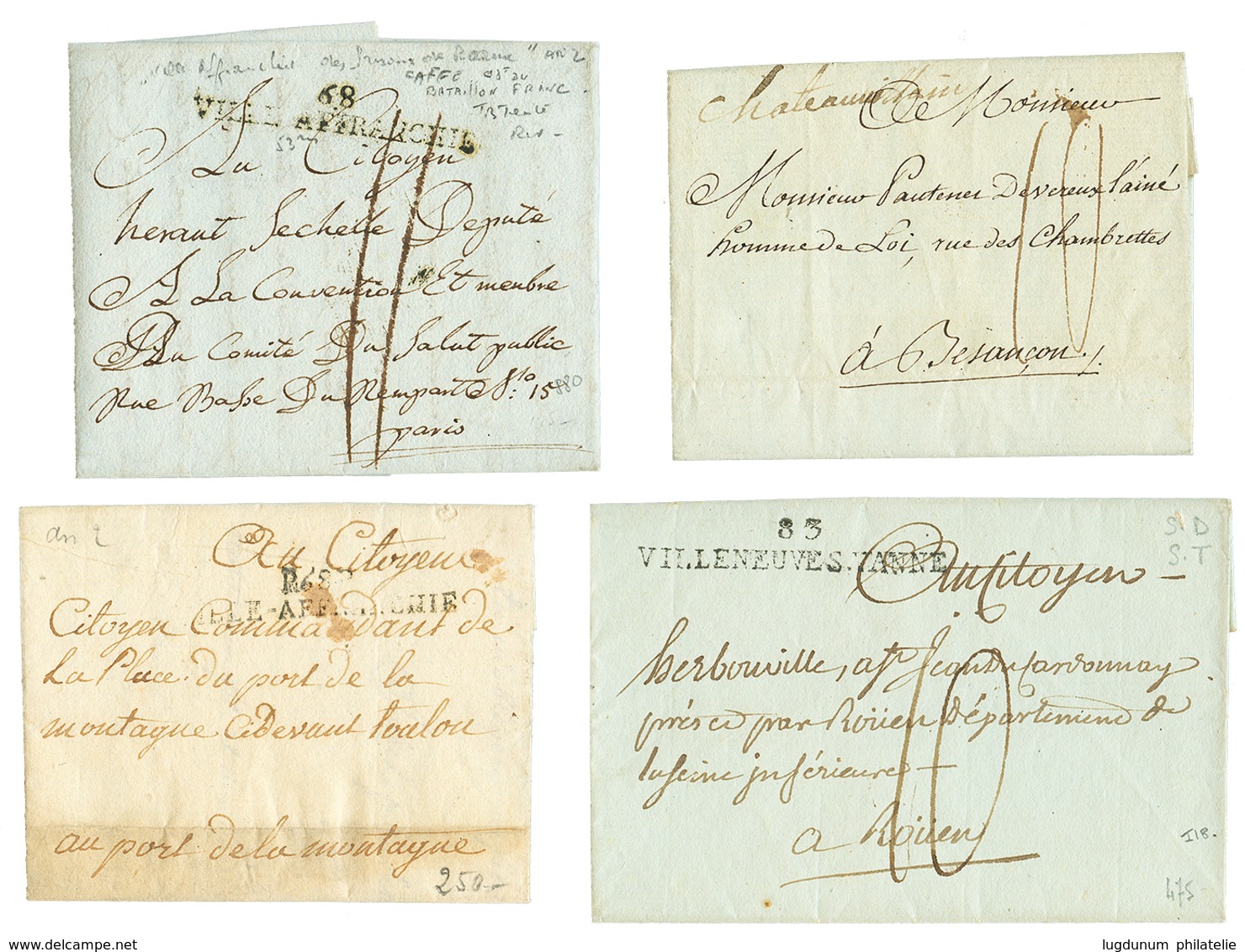 4 Lettres : 1791 "CHATEAU VILLAIN" Manus. + 68 VILLE AFFRANCHIE (x2) + 83 VILLENEUSE.VANNE. TB - Otros & Sin Clasificación