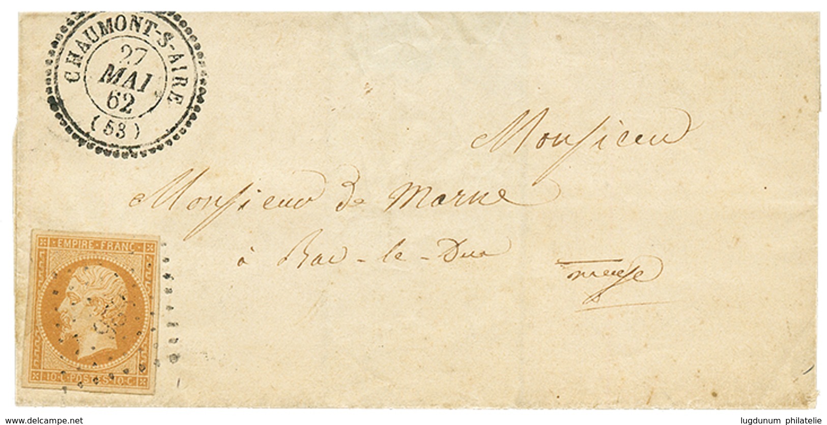 1862 10c(n°13) TTB Margé Obl. PC 806 + T.22 CHAUMONT-S-AIRE Sur Lettre Pour BAR-LE-DUC. Cote 420€. TTB. - Otros & Sin Clasificación