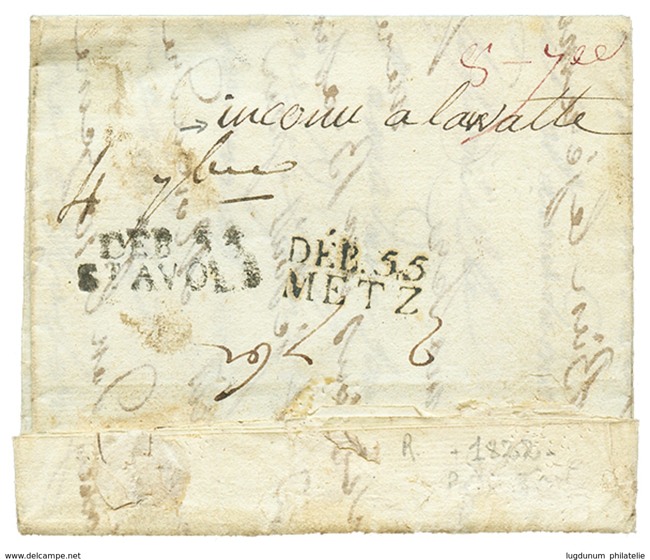 "Double DEBOURSES" : 1822 DEB. 55 ST AVOLD ( Indice 25) + DEB. 55 METZ (indice 18) + "INCONNU à LAVAL" Sur Lettre Avec T - Otros & Sin Clasificación