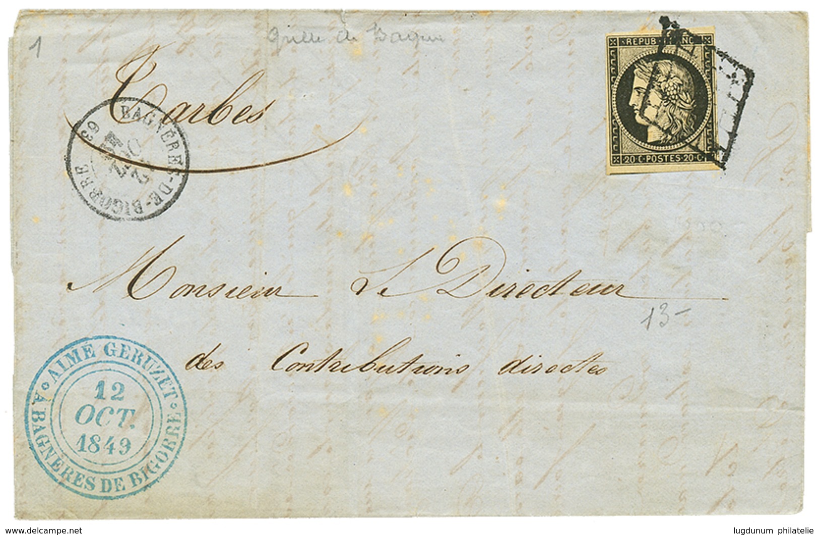 1849 20c Noir (n°3) TB Margé Obl. GRILLE + T.15 BAGNERES-DE-BIGORRE Sur Lettre Pour TARBES. Superbe. - Otros & Sin Clasificación