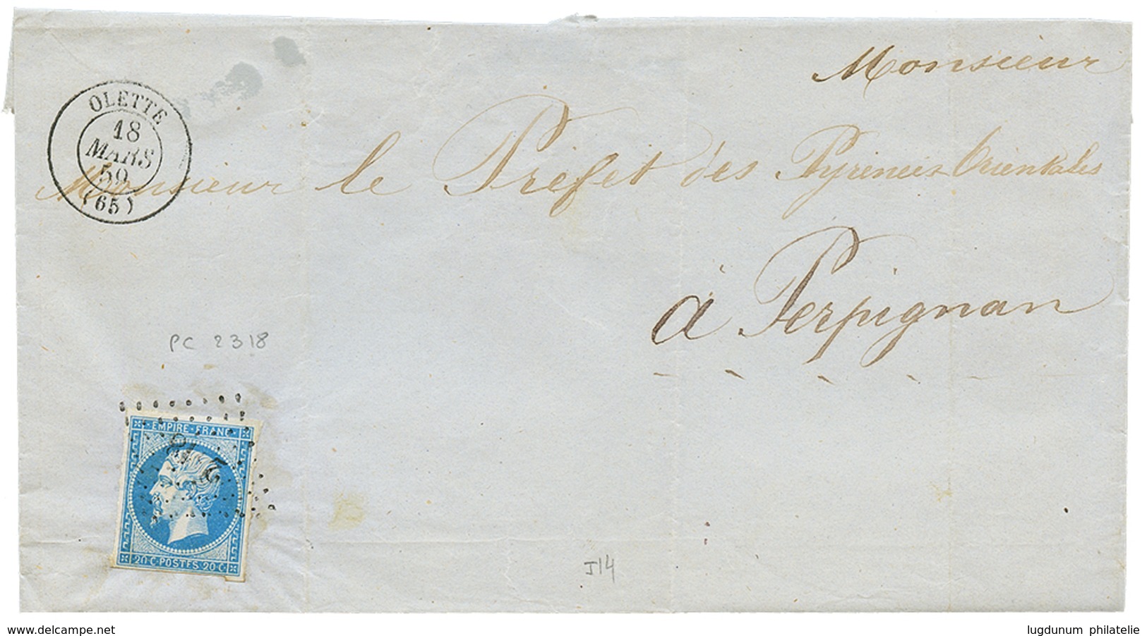 1859 20c(n°14) Obl. PC 23187 + T.15 OLETTE Sur Lettre Avec Texte. TTB. - Andere & Zonder Classificatie