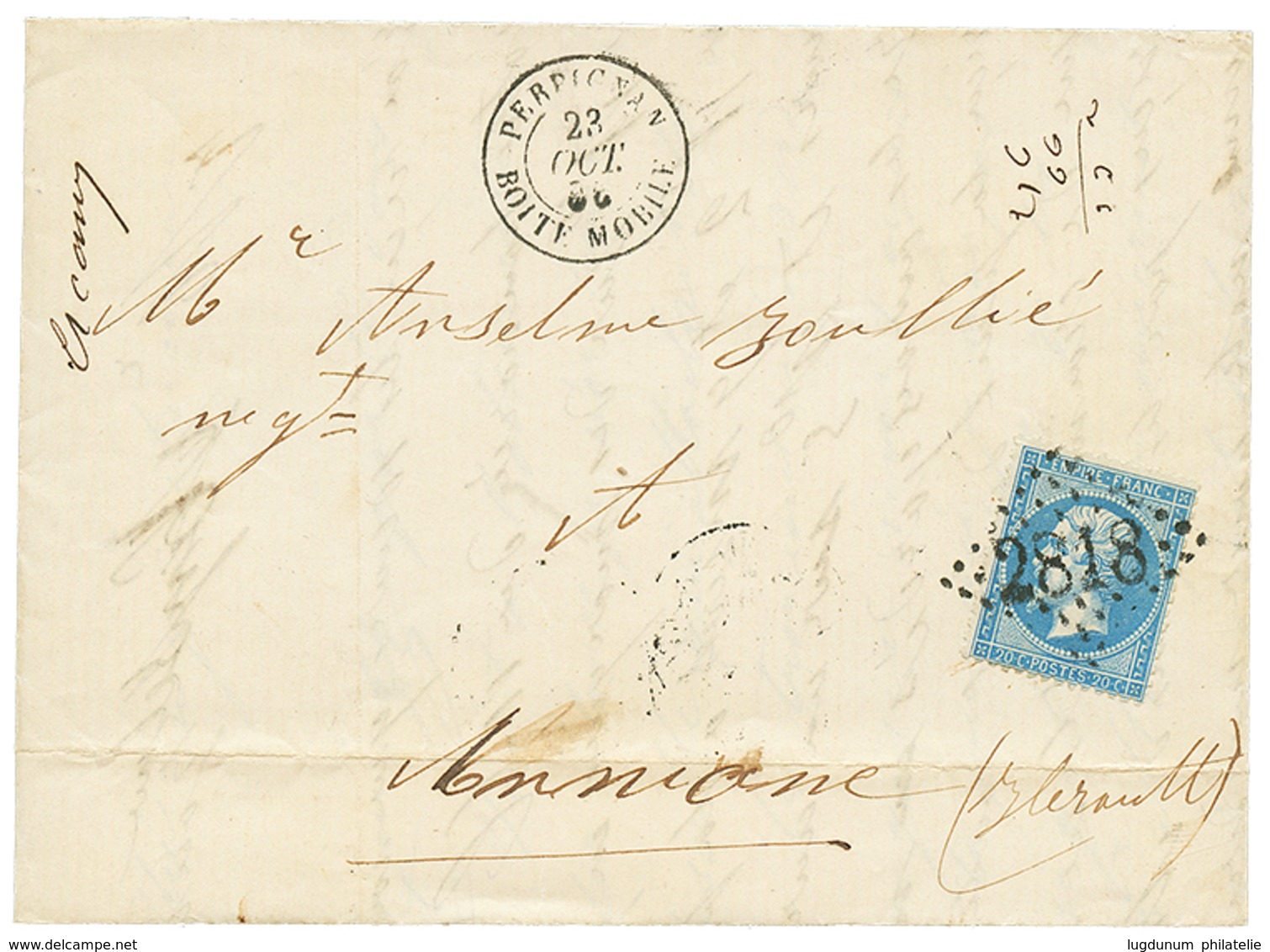 1866 20c(n°22) Obl. GC 2818 + PERPIGNAN BOITE MOBILE Sur Lettre Avec Texte. RARE. Cote 700€. TB. - Andere & Zonder Classificatie