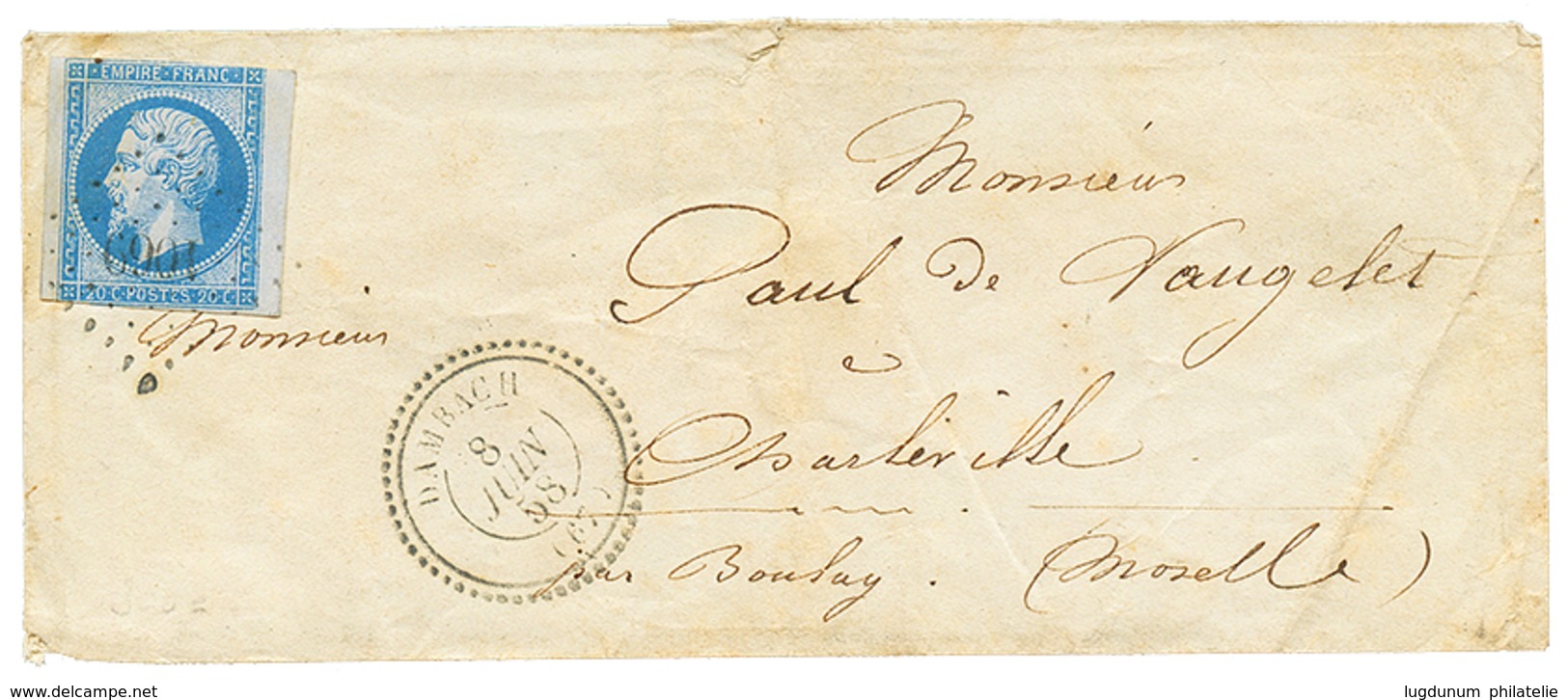 BAS RHIN : 1858 20c(n°14) Pd Obl. PC 1069 + T.22 DAMBACH Sur Enveloppe. TB. - Andere & Zonder Classificatie