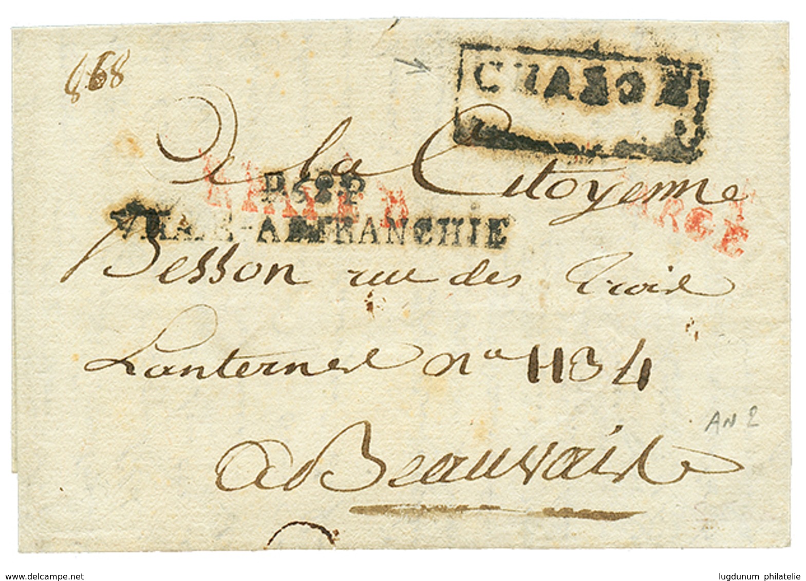 "LYON" : An 2 P.68.P VILLE-AFFRANCHIE + Cachet De Fabrication Locale CHARGE Sur Lettre Avec Texte. RARETE. TB. - Otros & Sin Clasificación