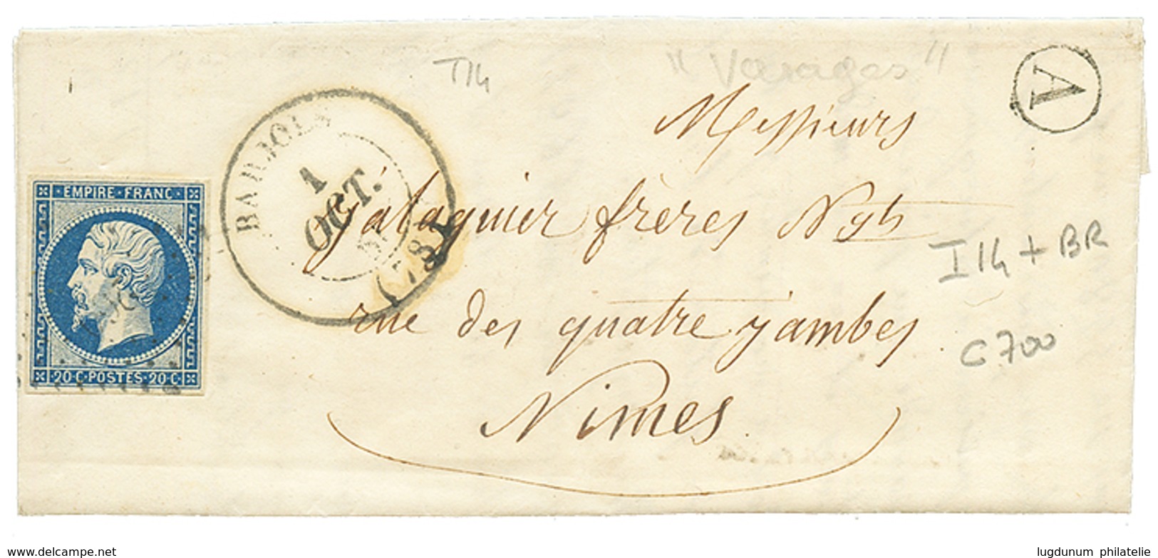 1855 20c(n°14) TB Margé Obl. PC 260 + T.14 BARJOLS + A = "VARAGES" Sur Lettre Avec Texte. TTB. - Autres & Non Classés