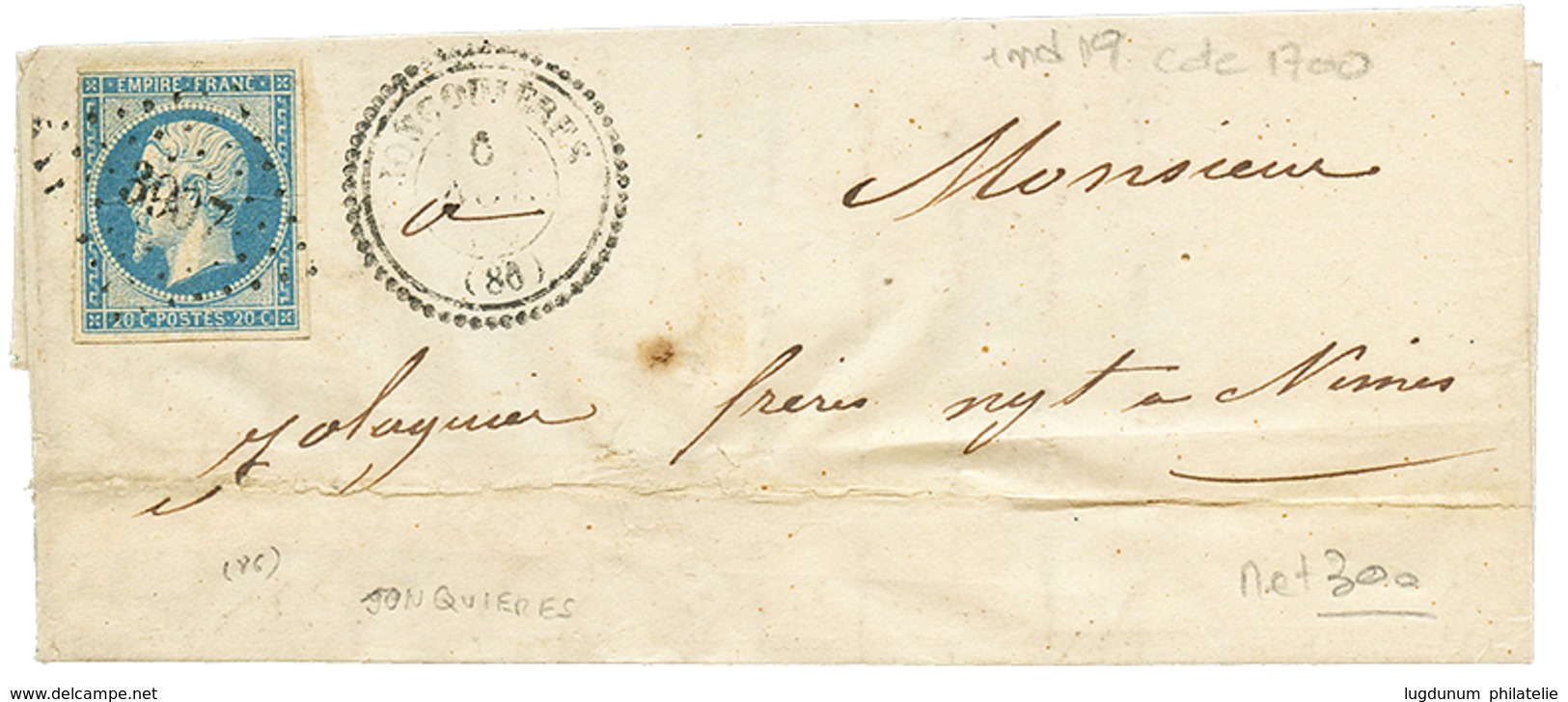 VAUCLUSE : 1855 20c(n°14) Obl. PC 3907 + T.22 JONQUIERES Sur Lettre(pd) Pour NIMES. Cote 420€. TB. - Otros & Sin Clasificación