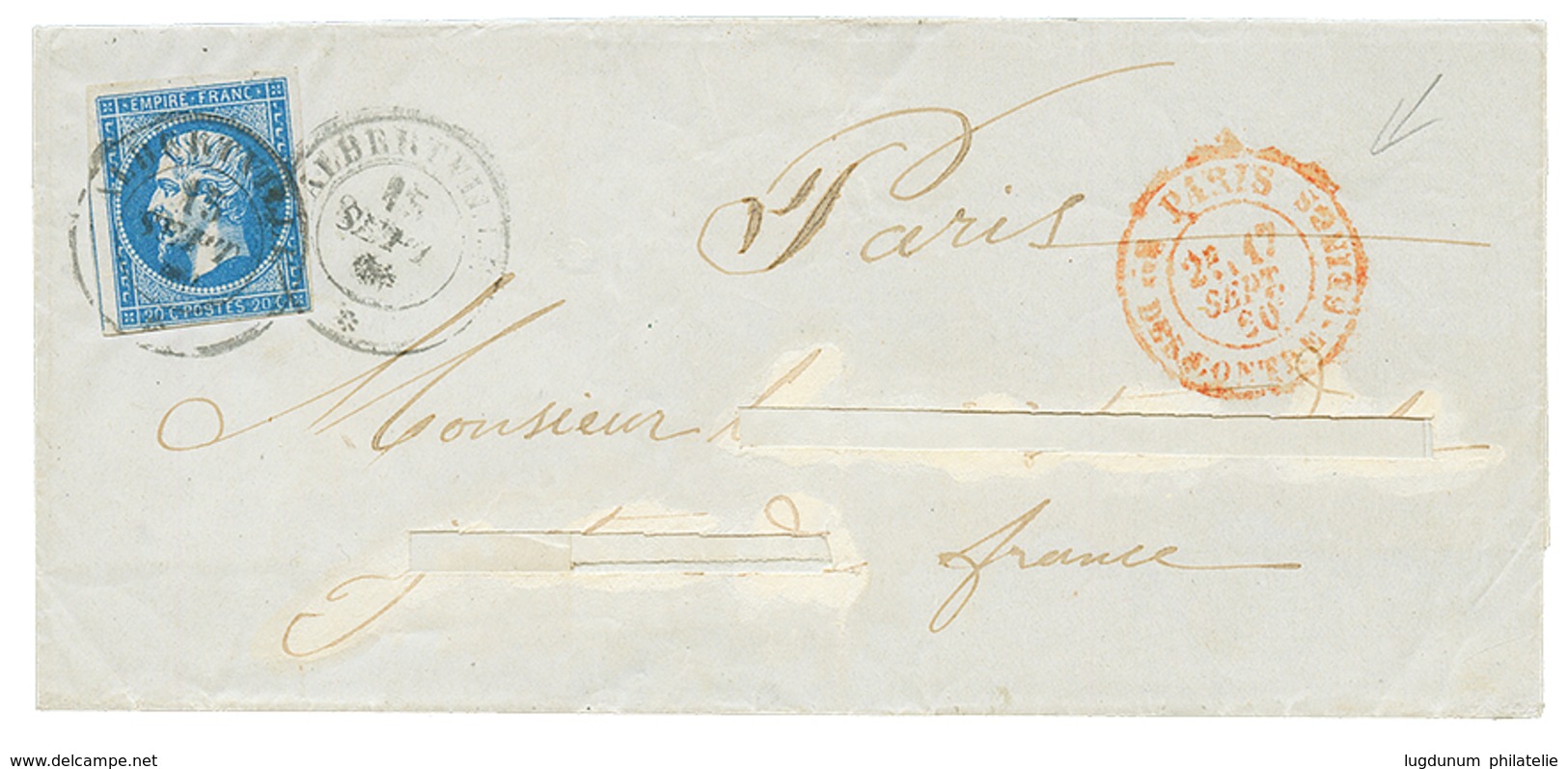 1860 FRANCE 20c(n°14) TB Margé Obl. Cachet Sarde ALBERTVILLE + Cachet Rare PARIS Don DES CONTRE-SEINGS Sur Lettre (nom D - Andere & Zonder Classificatie