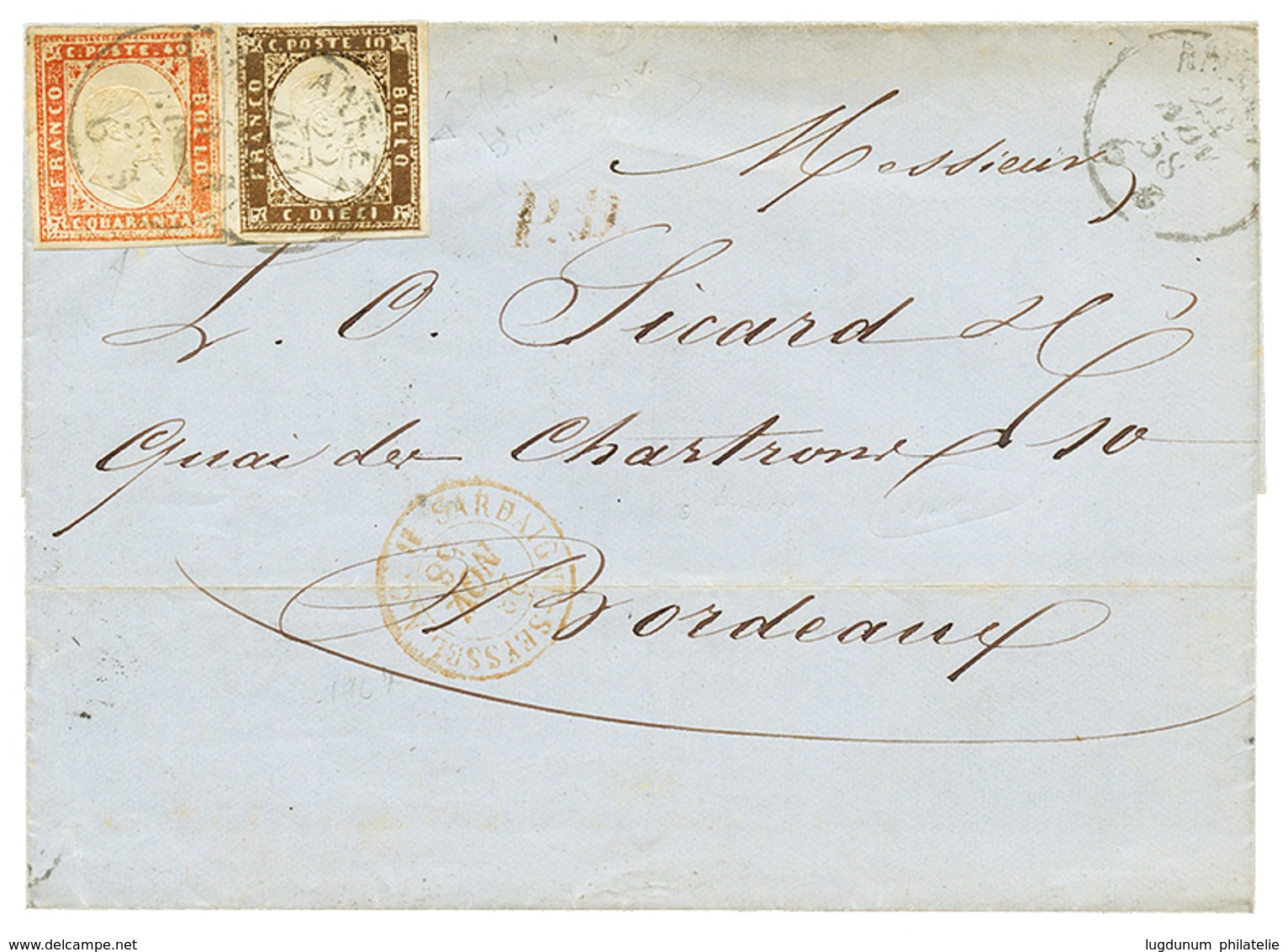 1858 SARDAIGNE 10c + 40c TB Margés Obl. ANNECY Sur Lettre Pour BORDEAUX. TB. - Autres & Non Classés