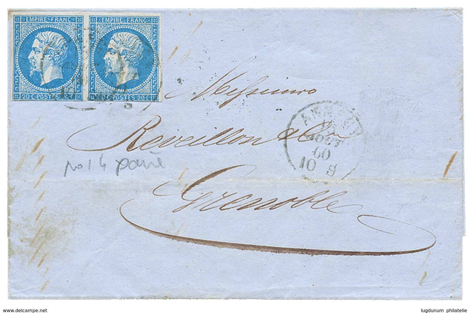 1860 FRANCE Paire 20c(n°14) Pd Obl. Cachet Sarde ANNECY Sur Lettre Pour GRENOBLE. TB. - Autres & Non Classés