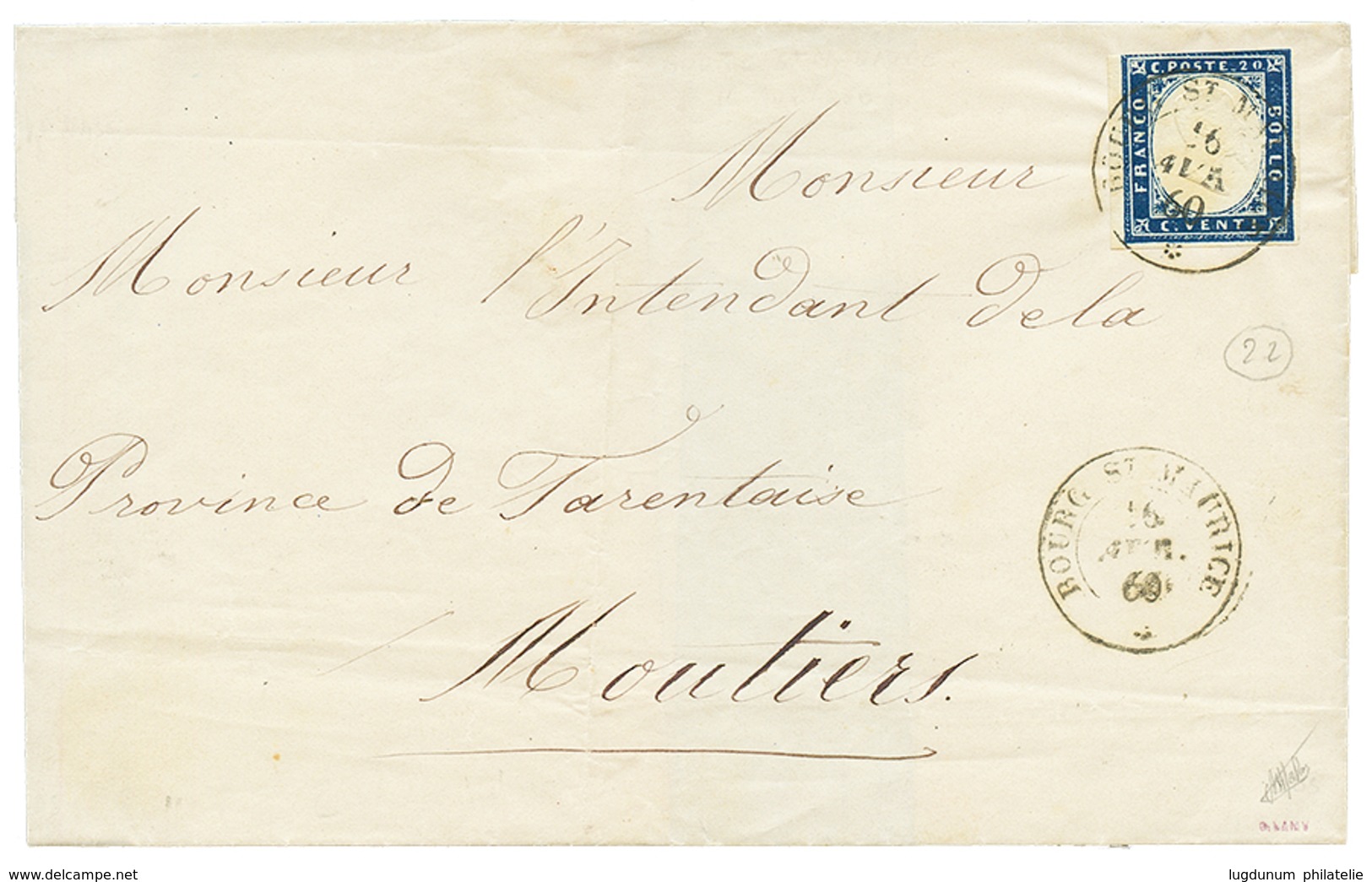 1860 SARDAIGNE 20c Obl. BOURG ST MAURICE Sur Lettre Pour MOUTIERS. TB. - Otros & Sin Clasificación