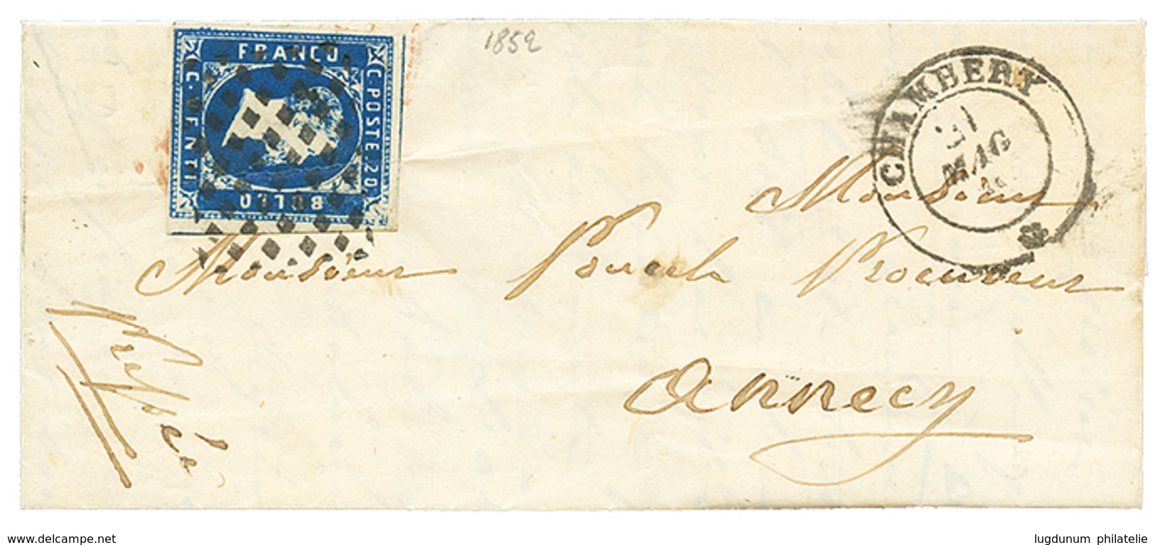 1852 SARDAIGNE 20c (trace De Pli) Obl. CHAMBERY Sur Lettre Avec Texte. TTB. - Andere & Zonder Classificatie