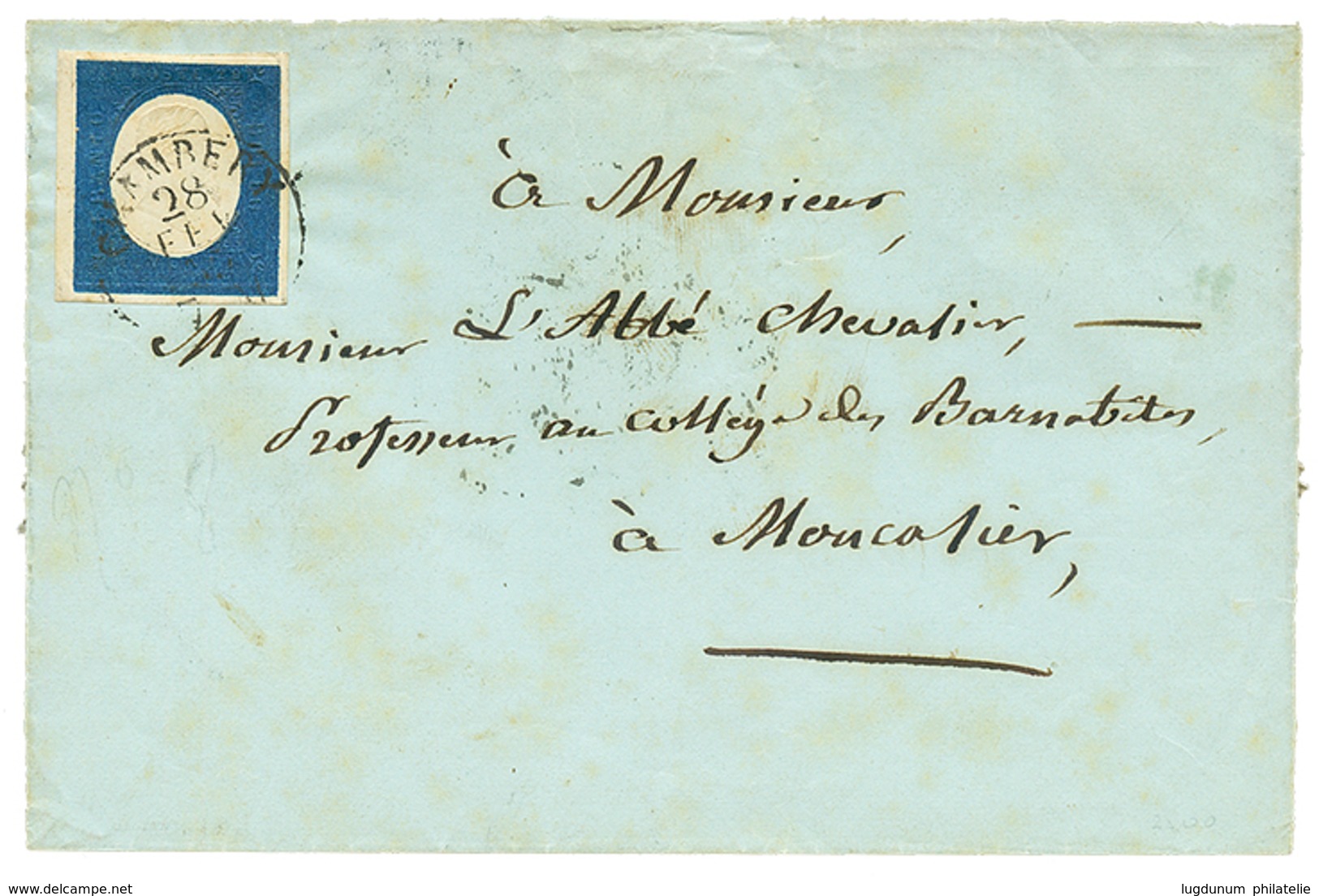 1852 SARDAIGNE 20c TTB Margé Obl. CHAMBERY Sur Lettre Sans Texte. TTB. - Autres & Non Classés