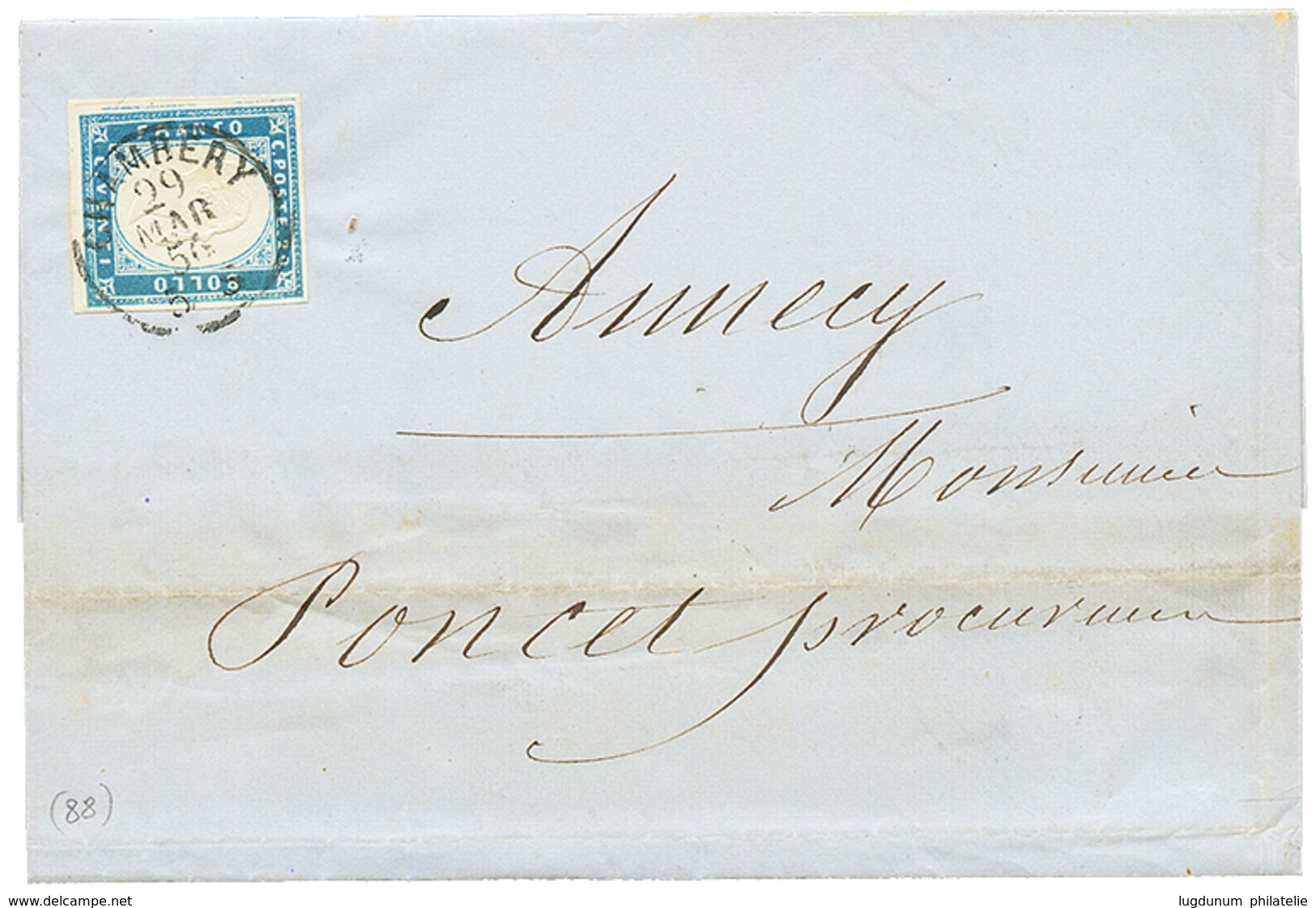 1852 SARDAIGNE 20c TTB Margé Obl. CHAMBERY Sur Lettre Avec Texte. Superbe. - Autres & Non Classés