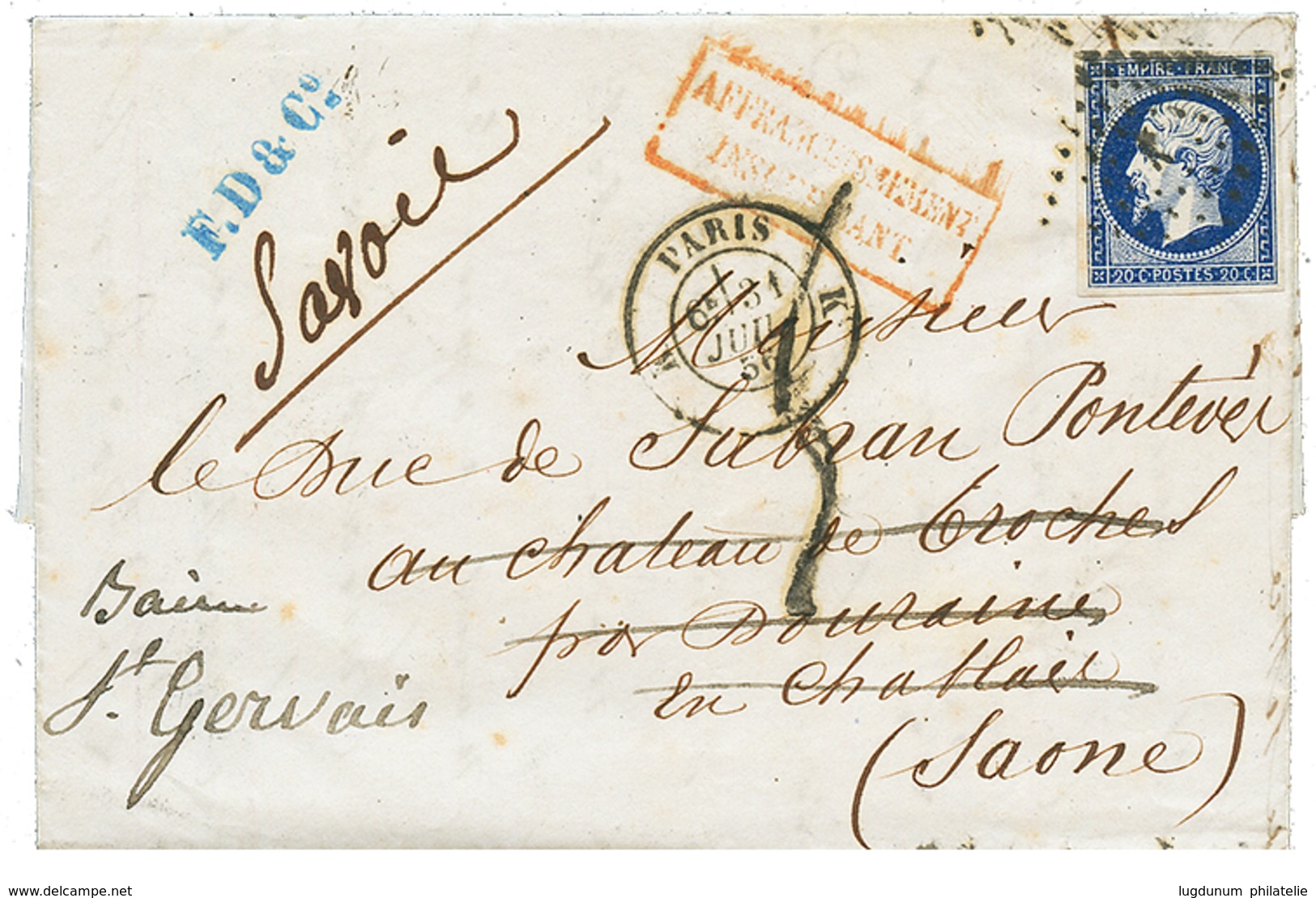 1856 20c(n°14) TB Margé + Taxe 5 Sur Lettre De PARIS Pour DOUVAINE Réexpédiée à ST GERVAIS. Verso, Cachets Sardes DOUVAI - Andere & Zonder Classificatie