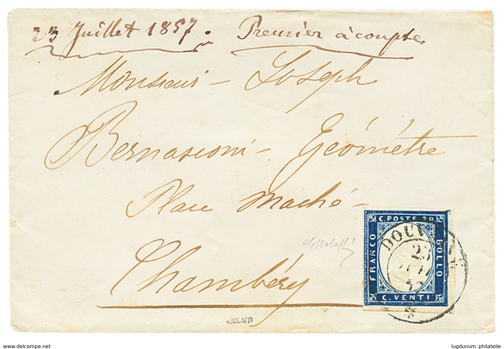 DOUVAINE : 1857 SARDAIGNE 20c TB Margé Obl. Cachet Sarde DOUVAINE Pour CHAMBERY. Signé BOLAFFI. TB. - Autres & Non Classés