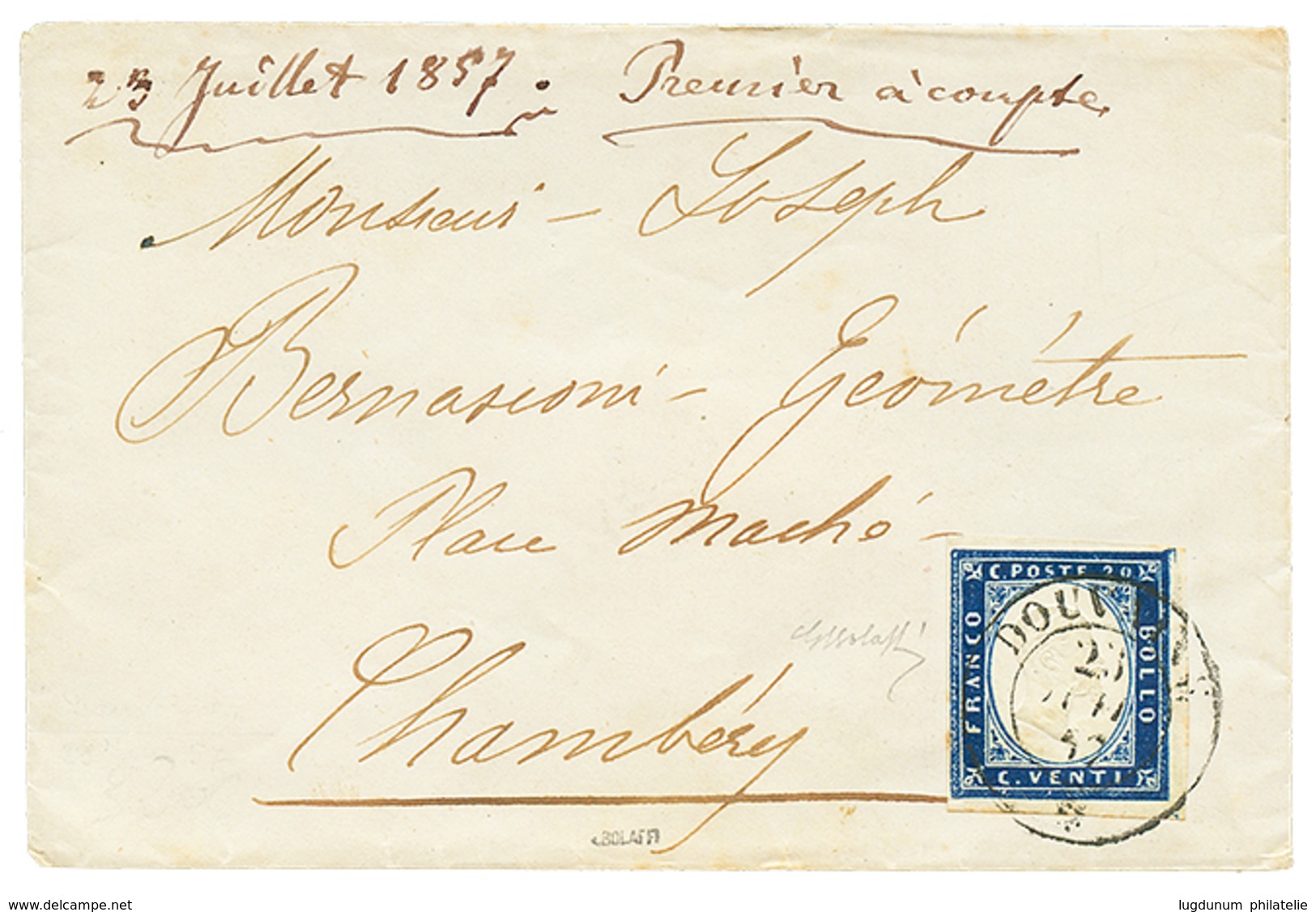 DOUVAINE : 1857 SARDAIGNE 20c TB Margé Obl. Cachet Sarde DOUVAINE Pour CHAMBERY. Signé BOLAFFI. TB. - Sonstige & Ohne Zuordnung