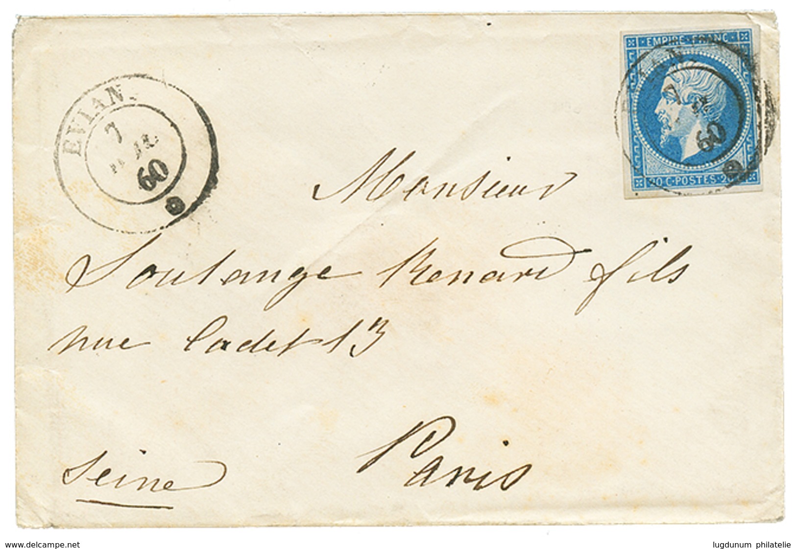 1860 FRANCE 20c(n°14) TTB Margé Obl. Cachet Sarde EVIAN Sur Enveloppe Pour PARIS. Superbe. - Autres & Non Classés