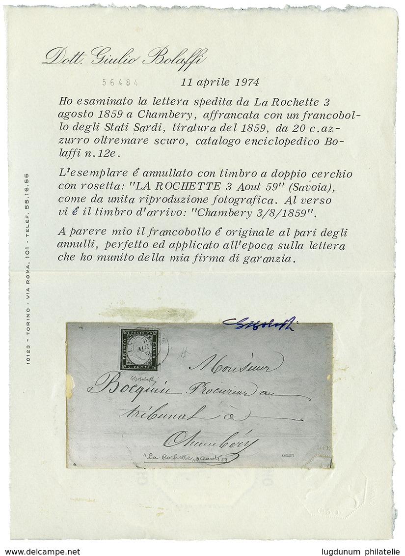 1859 SARDAIGNE 20c TTB Margé Obl. LA ROCHETTE Sur Lettre Avec Texte Daté "ARVILLARD" Pour CHAMBERY. Certificat BOLAFFI ( - Otros & Sin Clasificación