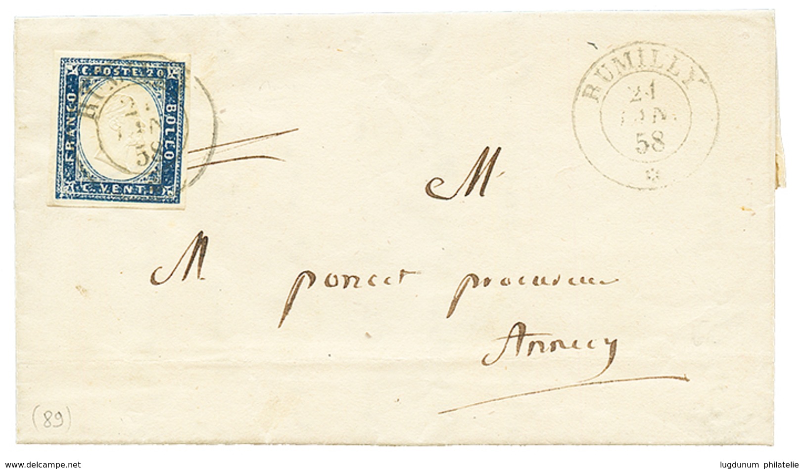 1858 SARDAIGNE 20c TTB Margés Obl. RUMILLY Sur Lettre Avec Texte. Superbe. - Andere & Zonder Classificatie