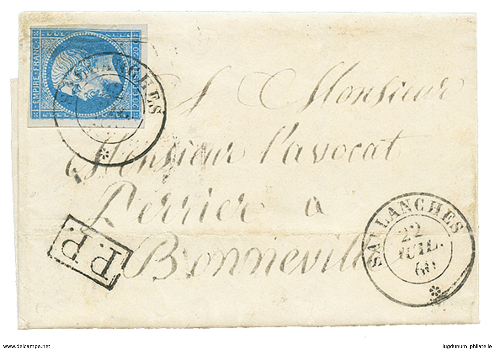 1860 FRANCE 20c(n°14) Trace De Pli Imperceptible Obl. Cachet Sarde SALLANCHES + P.P Sur Lettre Avec Texte Pour BONNEVILL - Andere & Zonder Classificatie