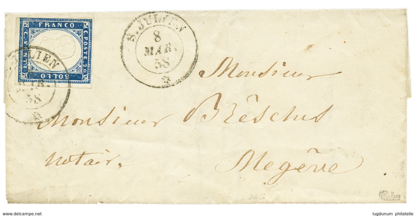 1857 SARDAIGNE 20c TB Margé Obl. S.JULIEN Sur Lettre Avec Texte Pour MEGEVE. Signé CALVES. Superbe. - Andere & Zonder Classificatie